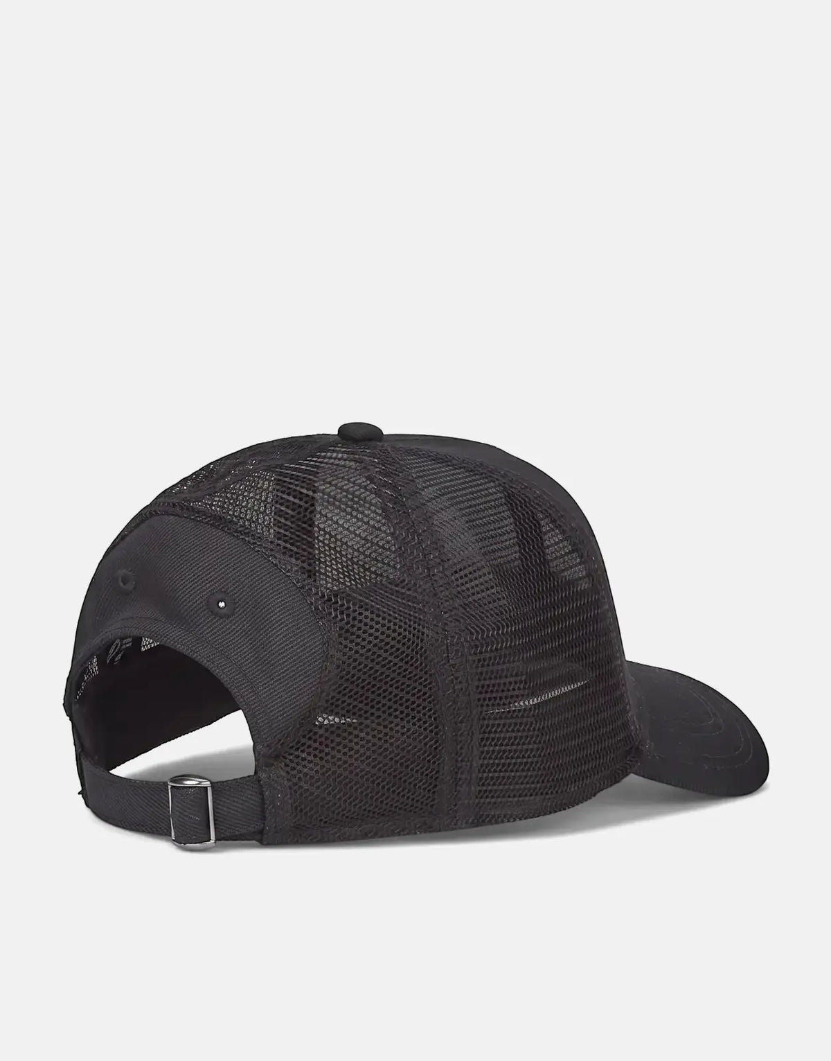 Back view of a black G-Star RAW Baseball Raw Denim Trucker Cap, featuring a breathable mesh back and an adjustable strap