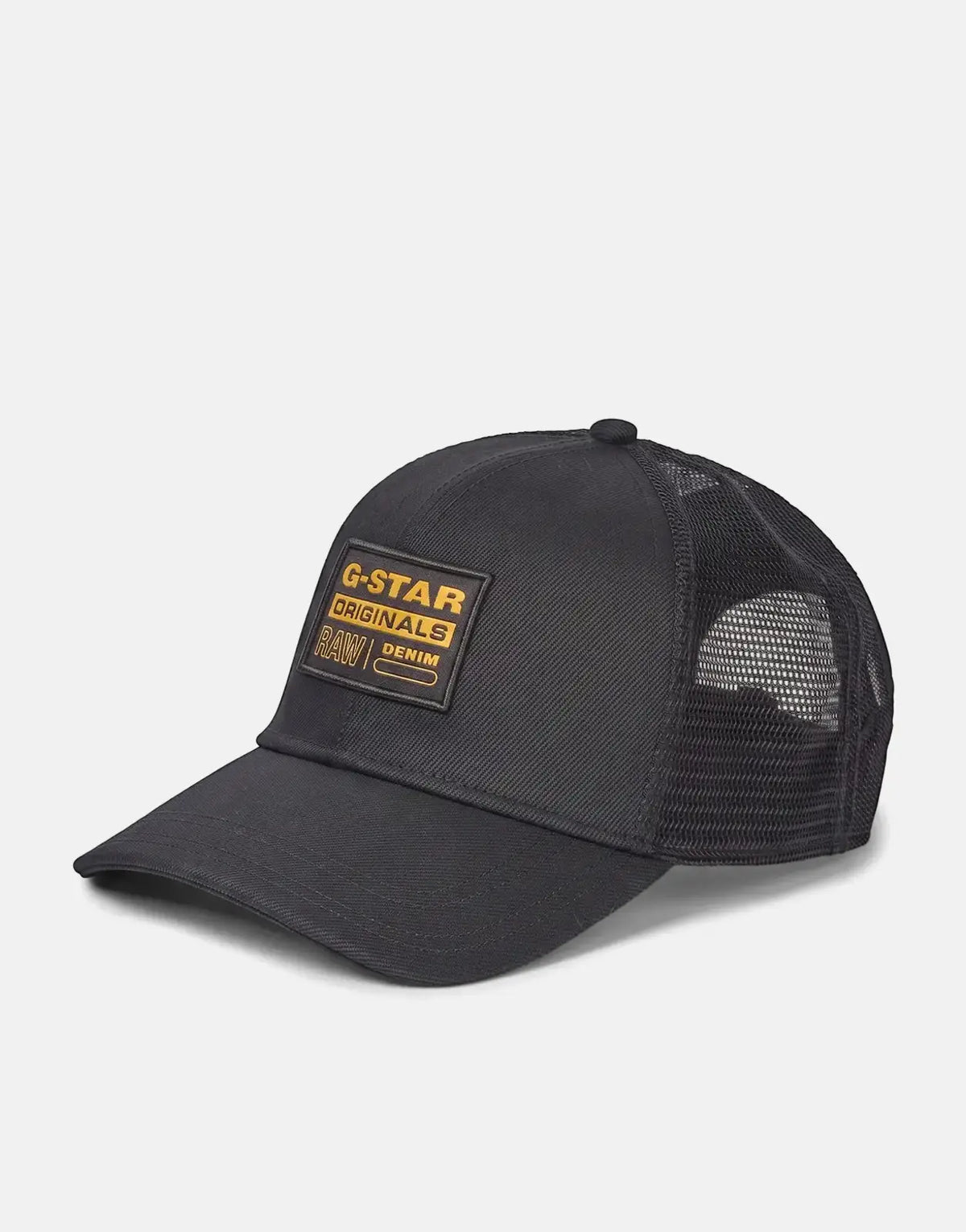 Black G-Star RAW Baseball Raw Denim Trucker Cap, featuring a structured front and breathable mesh back.