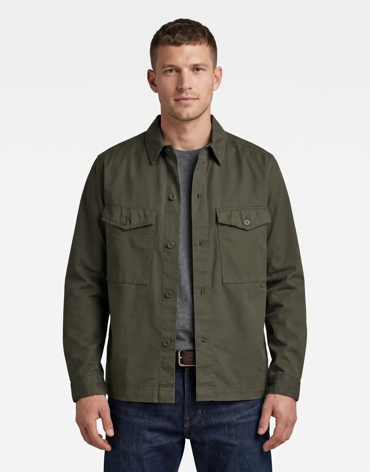 G-Star RAW Core LW Asfalt Overshirt in dark olive green, featuring long sleeves and utility chest and waist pockets.