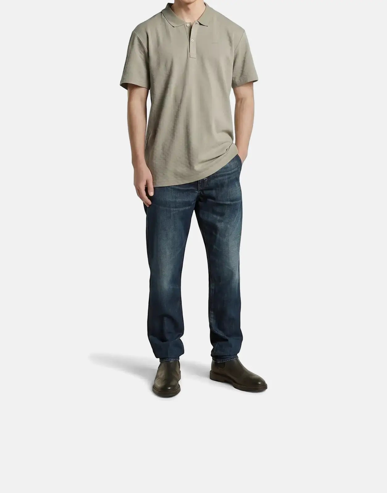 G-Star RAW Core Regular Jacquard Elephant Skin Polo Shirt worn by a male model, paired with blue jeans and black shoes, full