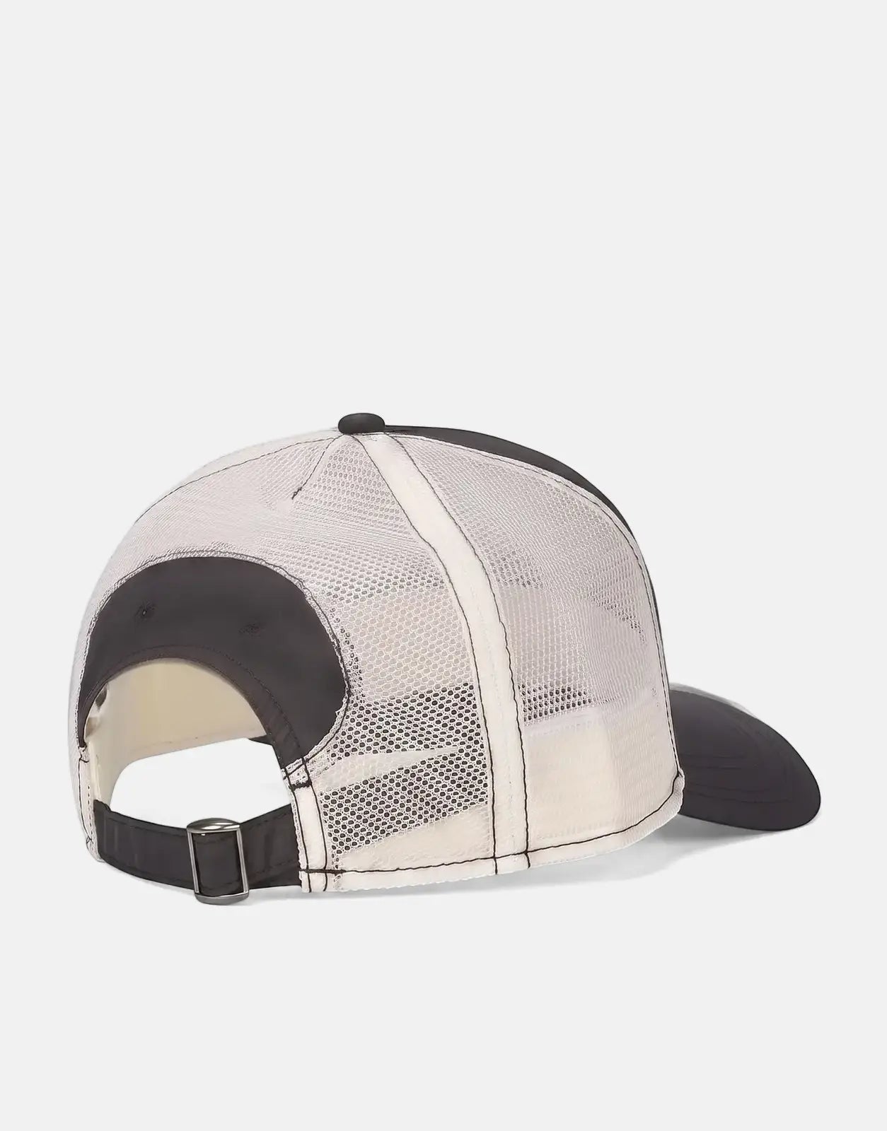 G-Star RAW Dark Black Trucker Cap with white mesh back, adjustable strap, and metal buckle, shown from a rear-right angle.
