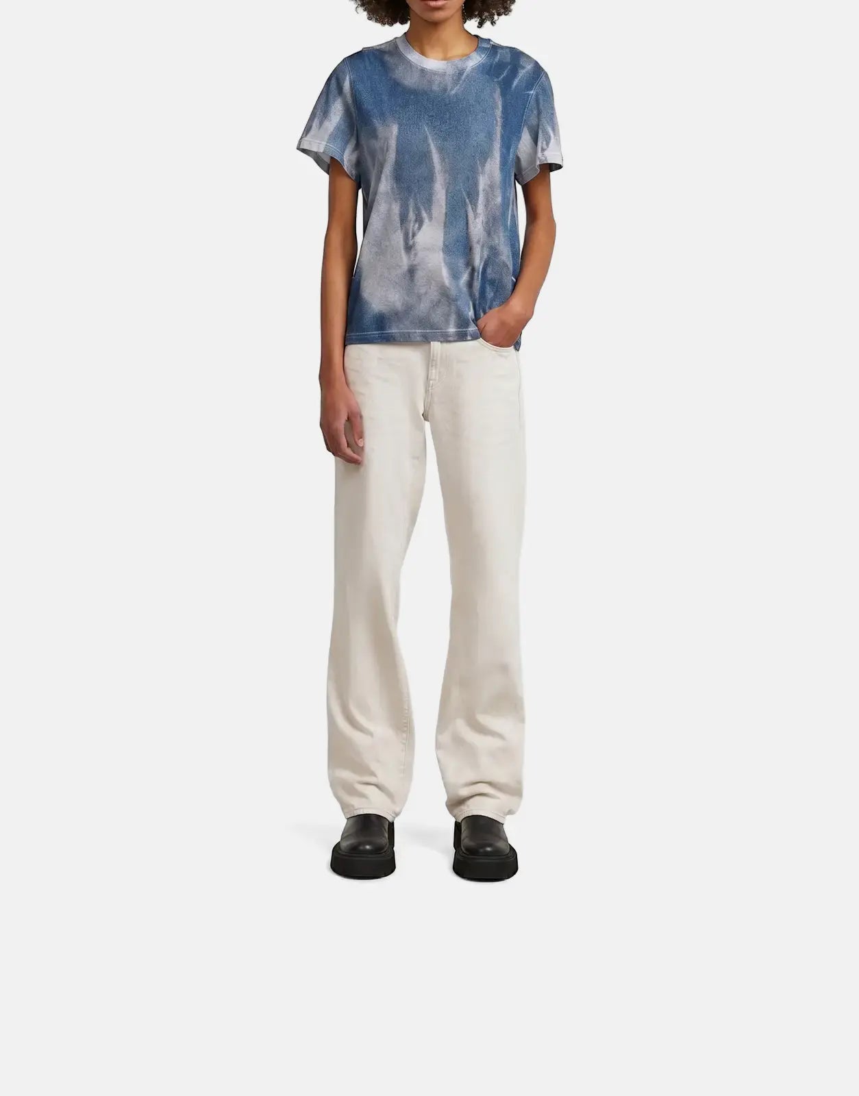 G-Star RAW Denim Print Denim Flame T-Shirt in blue with a white flame pattern, worn by a model, full body shot.