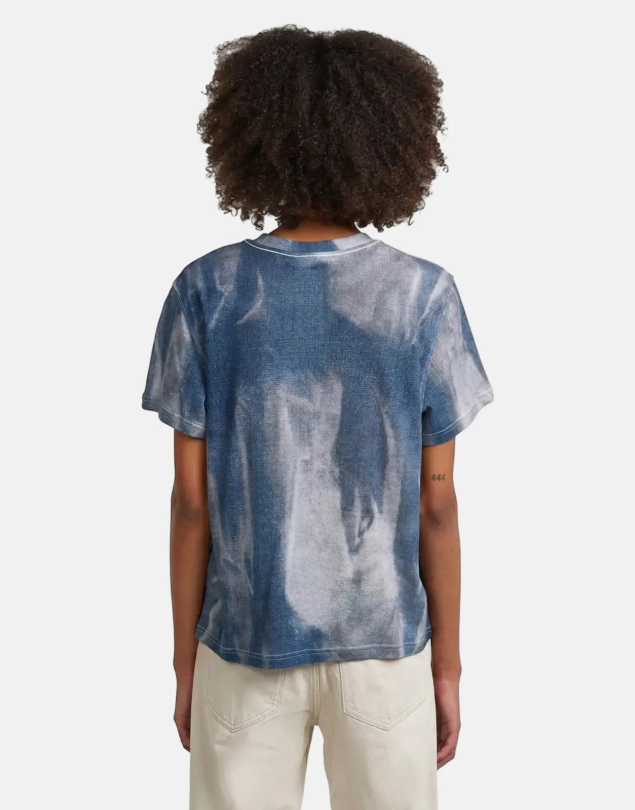G-Star RAW Denim Print Denim Flame T-Shirt for women, showcasing a distinctive blue and white acid wash denim print texture,