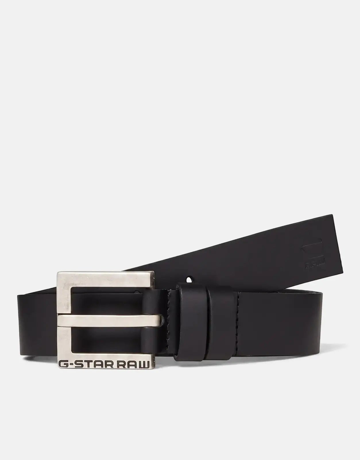 G-Star RAW Duko black leather belt with an antique silver rectangular buckle, shown lying diagonally.