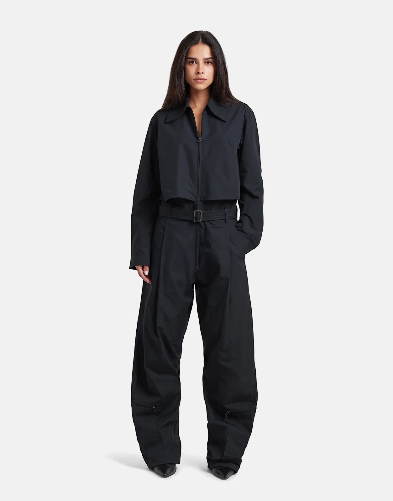 Black G-Star RAW Fightsuit Salute Jumpsuit for women, styled as a full-body piece with a belted waist and wide legs.