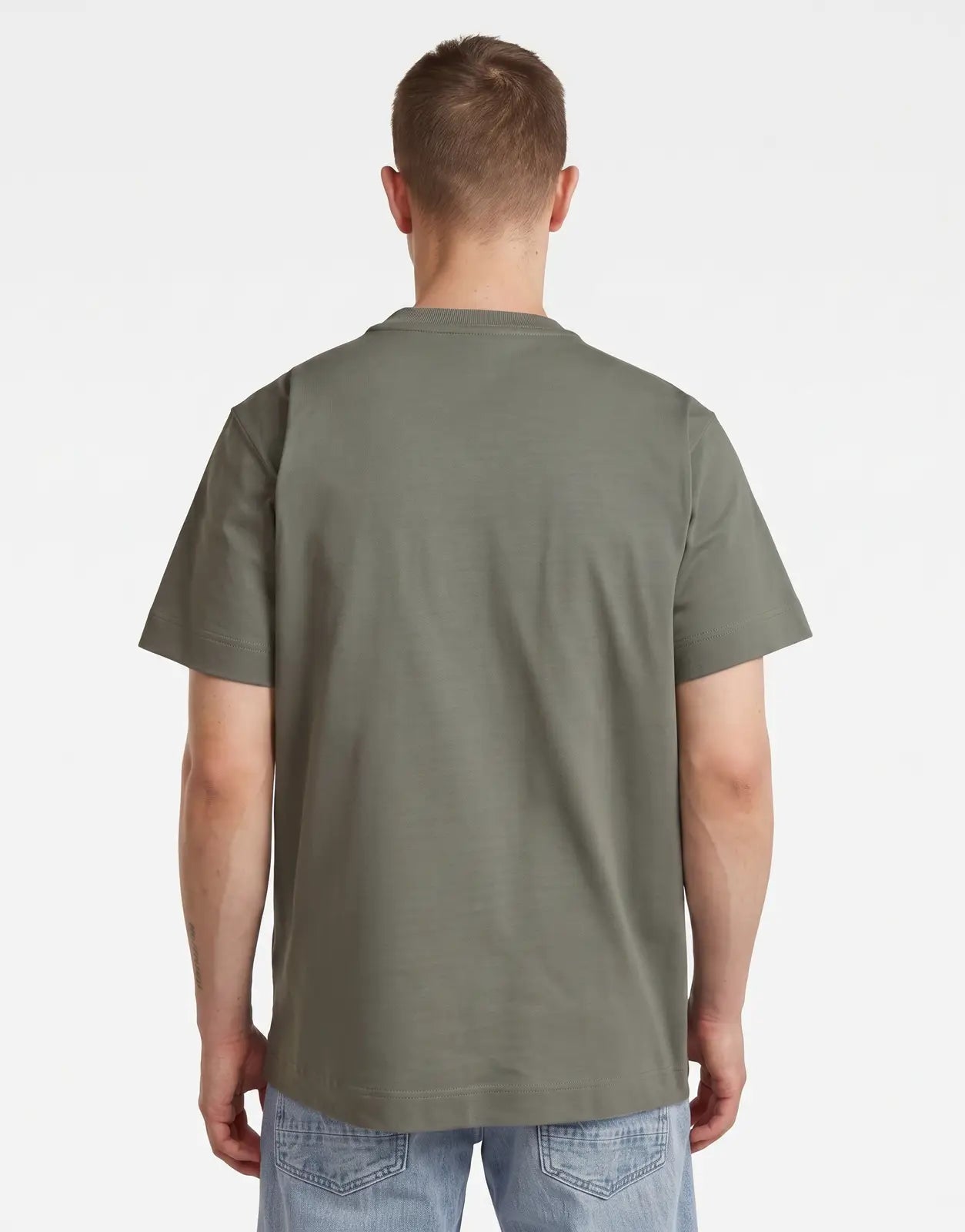 Back view of a men's G-Star RAW GS-01 Orphus T-Shirt in olive green, featuring a classic crew neck and short sleeves.