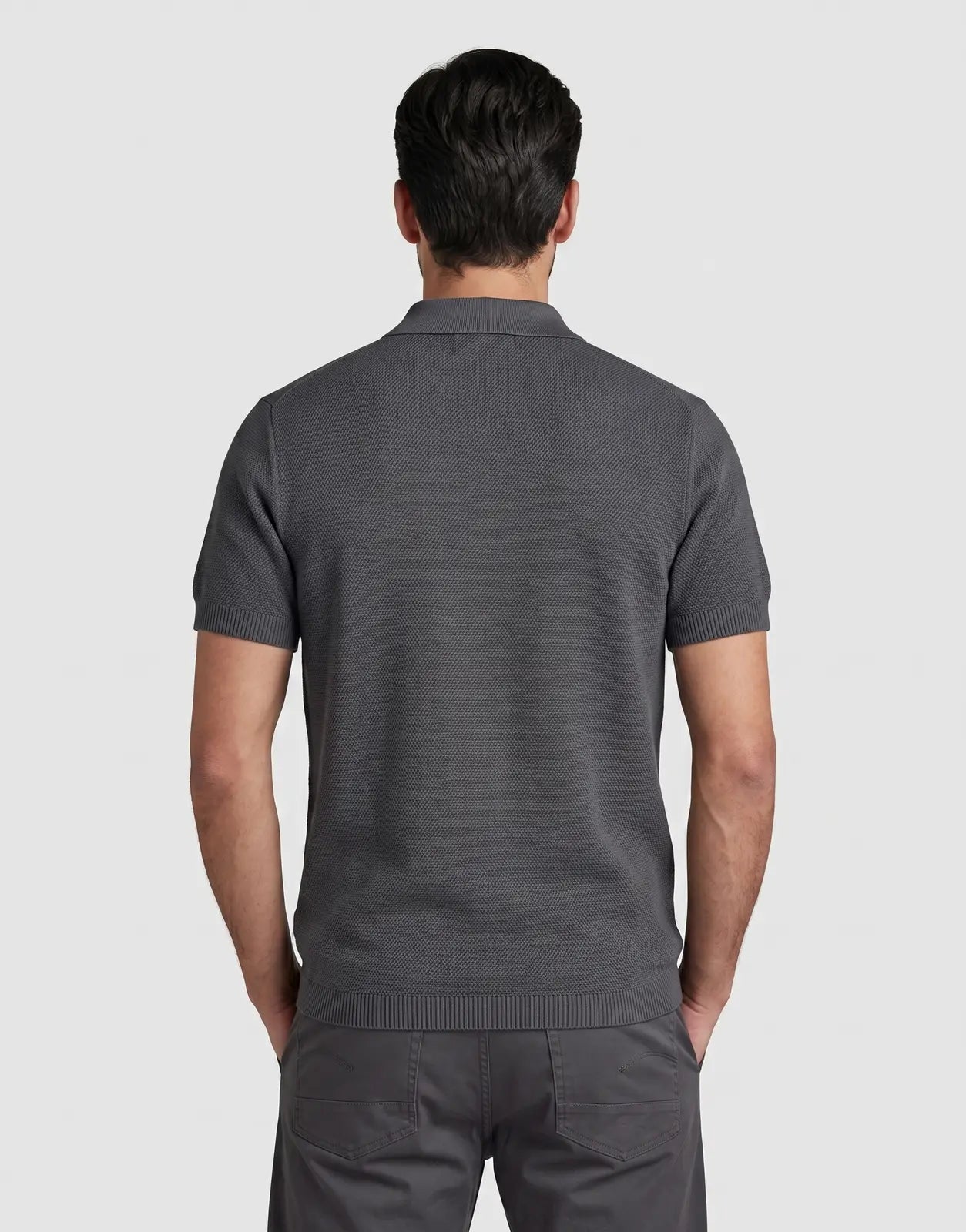 G-Star RAW Knitted Shadow Polo Shirt in dark gray knit, back view showing ribbed collar and sleeves.