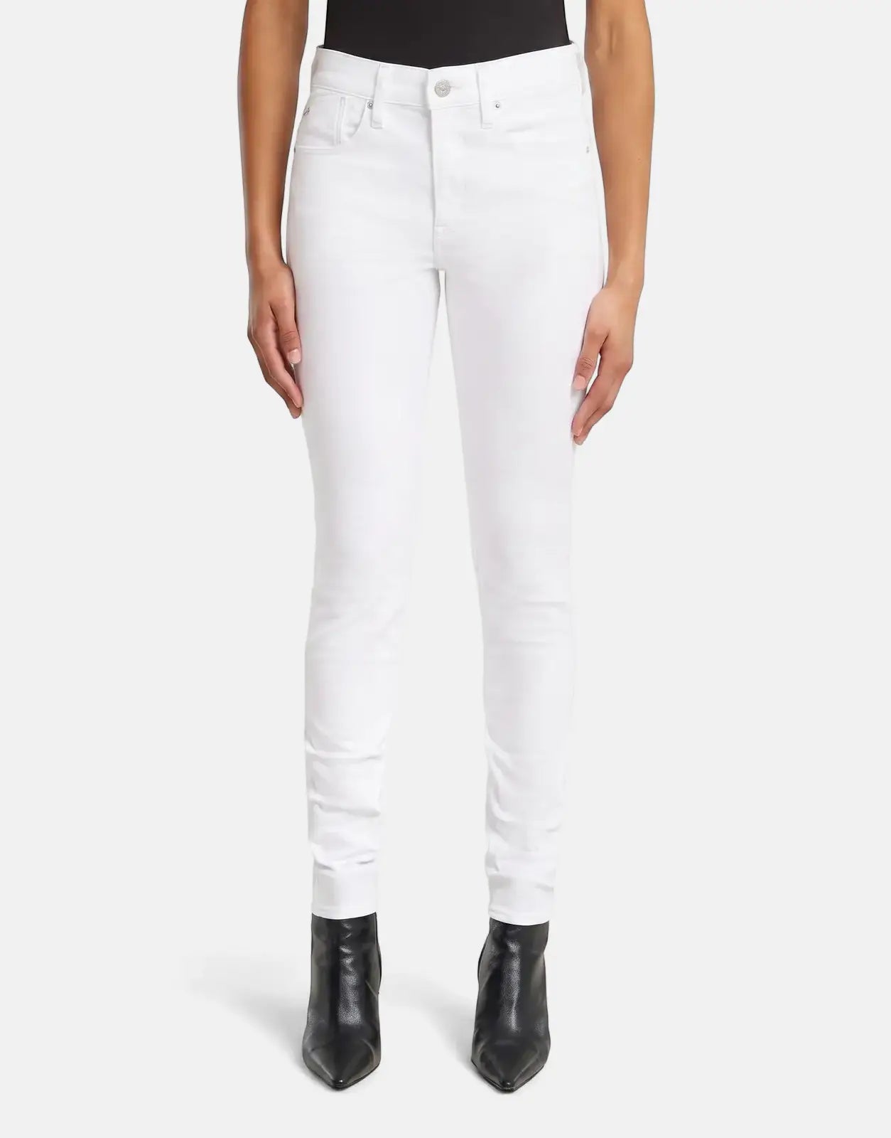 Women's G-Star RAW Lhana skinny fit jeans in paper white, shown on a model from the waist down wearing black ankle boots.