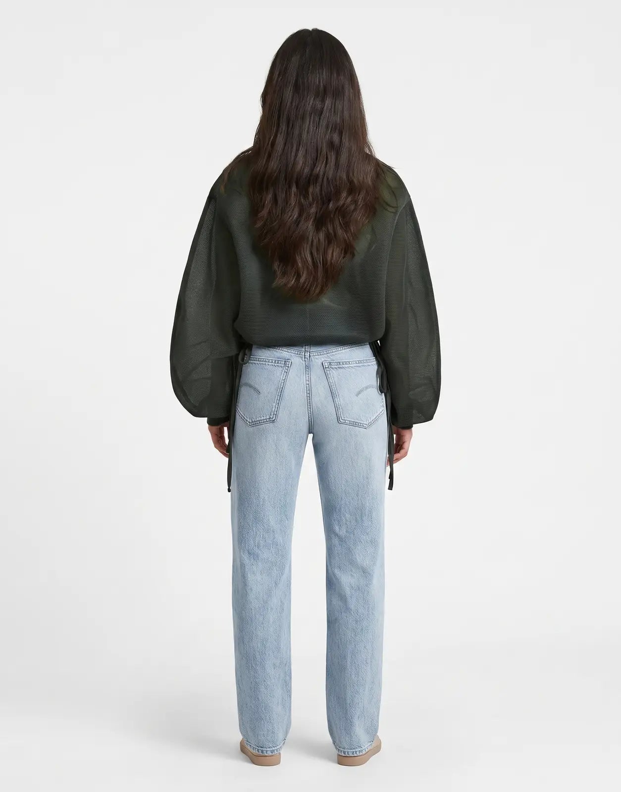 G-Star RAW Meshy Binding Orphus Jacket in dark green sheer mesh, with balloon sleeves and drawstring hem detail, seen from