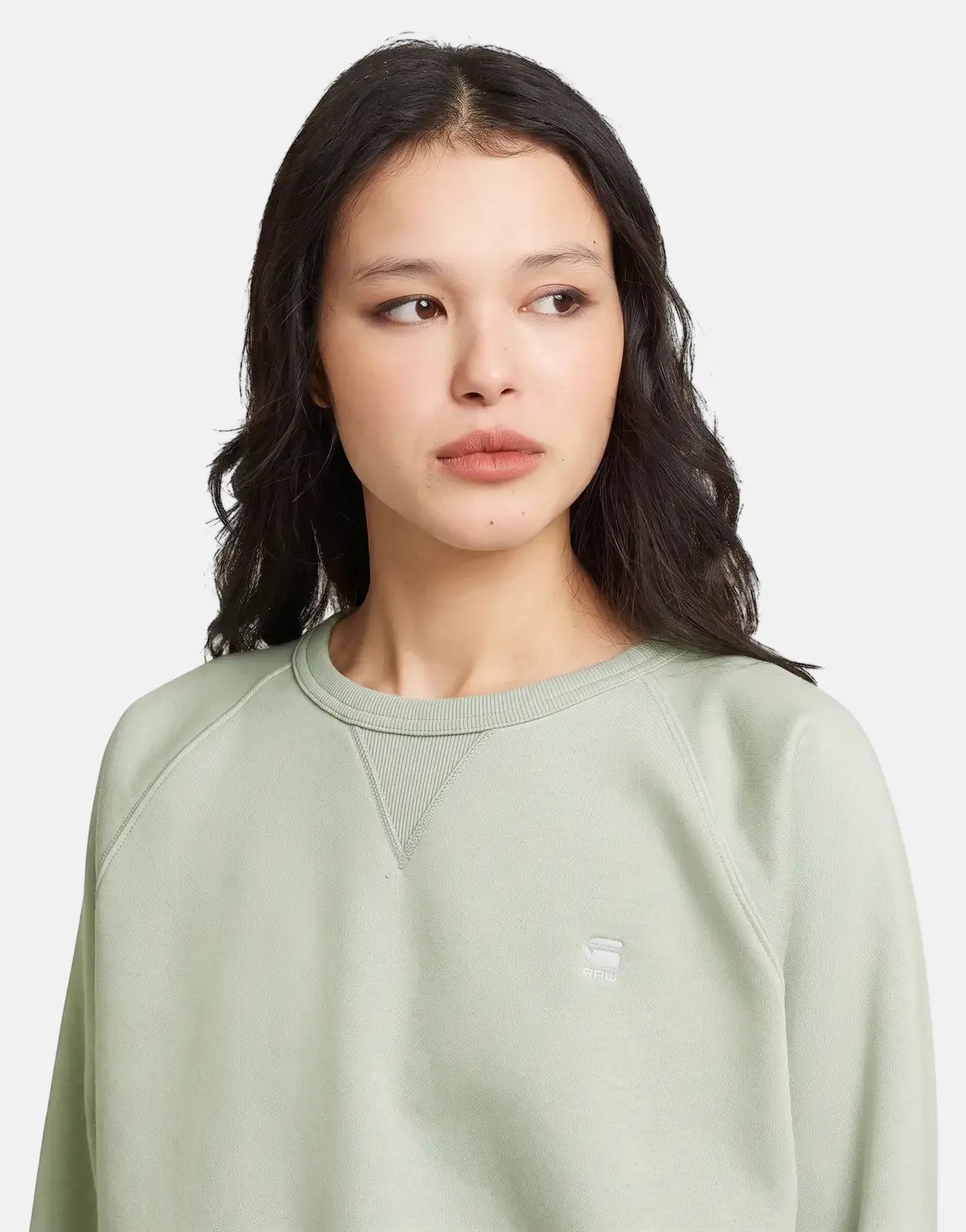 Woman wearing a pale green G-Star RAW Premium Core 2.0 sweatshirt with a ribbed crew neck and logo.