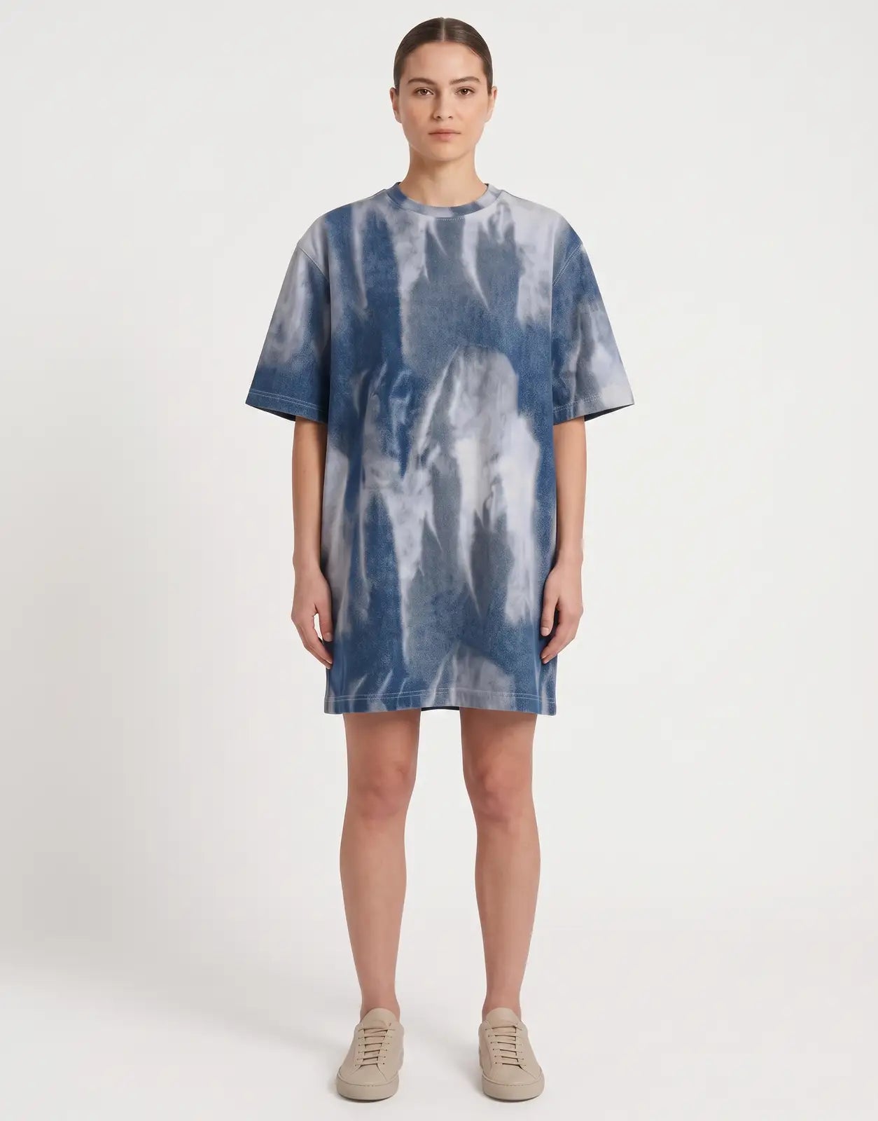 A G-Star RAW Printed Loose Denim Flame Dress featuring a unique blue and white tie-dye pattern, shown from the front on a