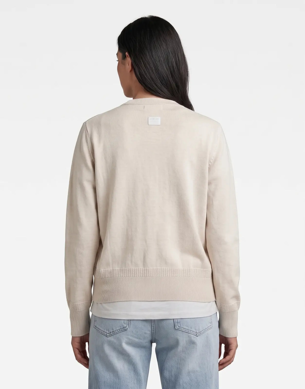 G-Star RAW R Knit Cardigan in whitebait color, shown from the back on a model, featuring ribbed details.
