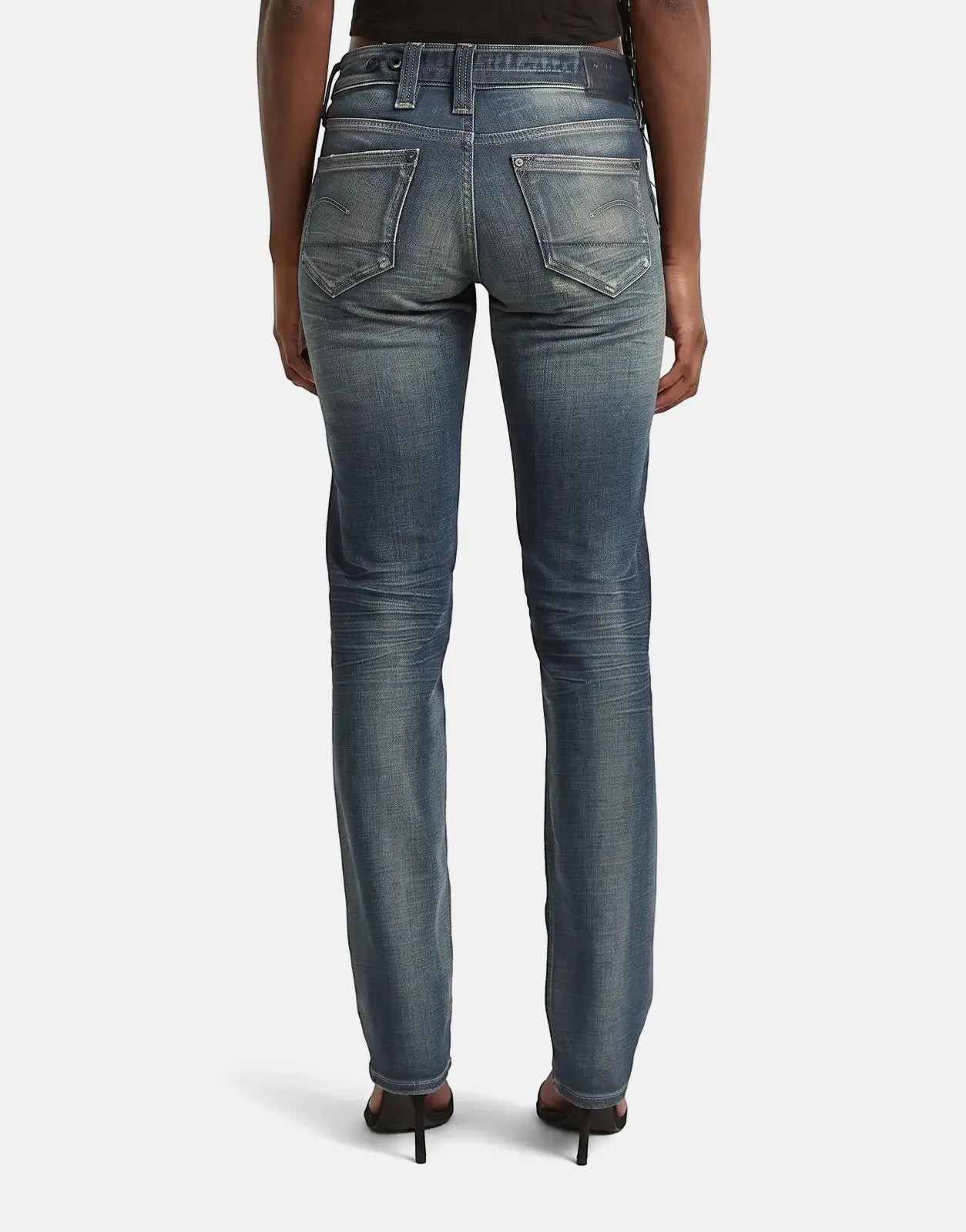 G-Star RAW Radar Slim Straight Vintage Desert Blue Jeans for women, shown from the back, highlighting the distressed denim