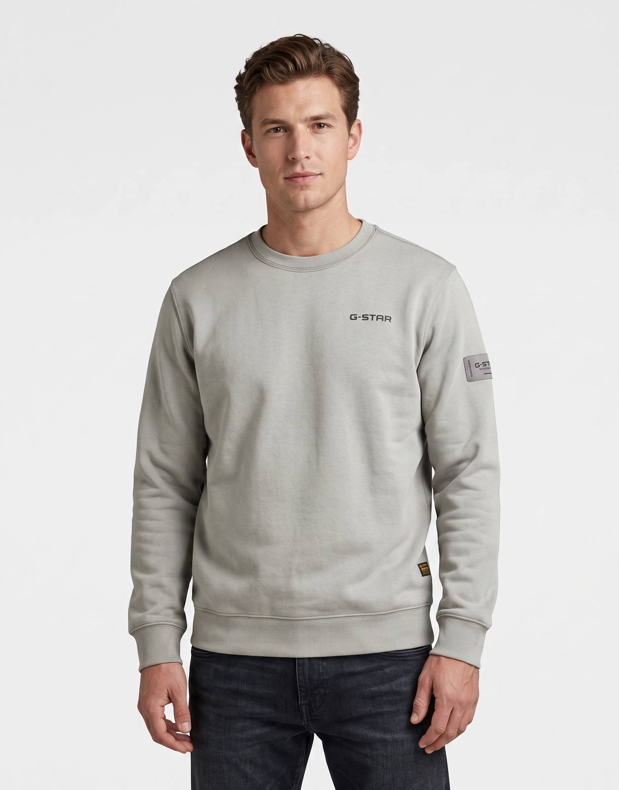 G-Star RAW Regular Fit Wild Dove Sweatshirt shown from the front, laid flat on a white surface, highlighting its gray color
