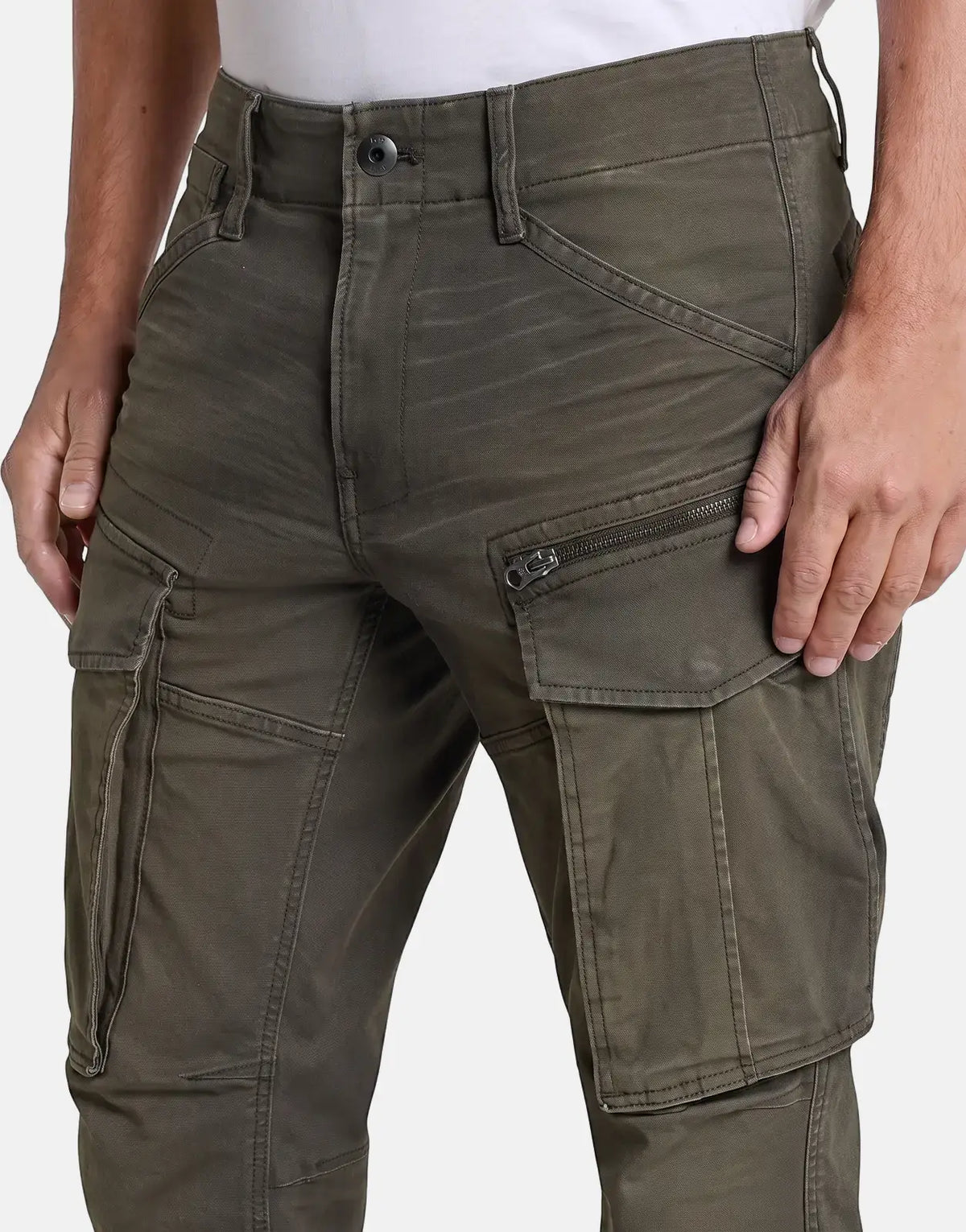 G-Star RAW Rovic Zip 3D Regular Tapered Cargo Vintage Dust pants in dark olive green, with zippered cargo pockets and button
