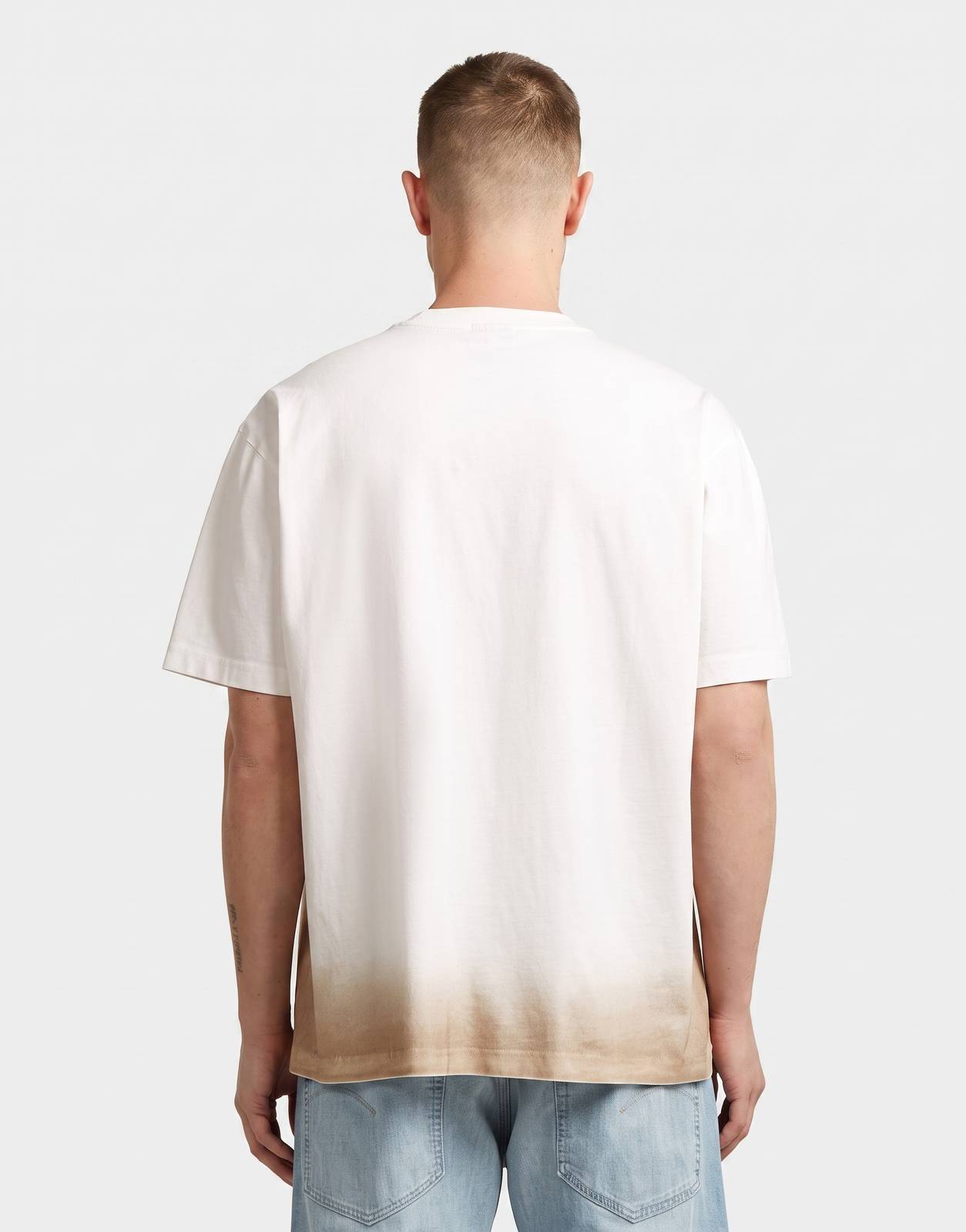 G-Star RAW Sprayed Relaxed T-Shirt in milk/dark brick spray color, back view, showcasing the unique brown dip-dye effect on