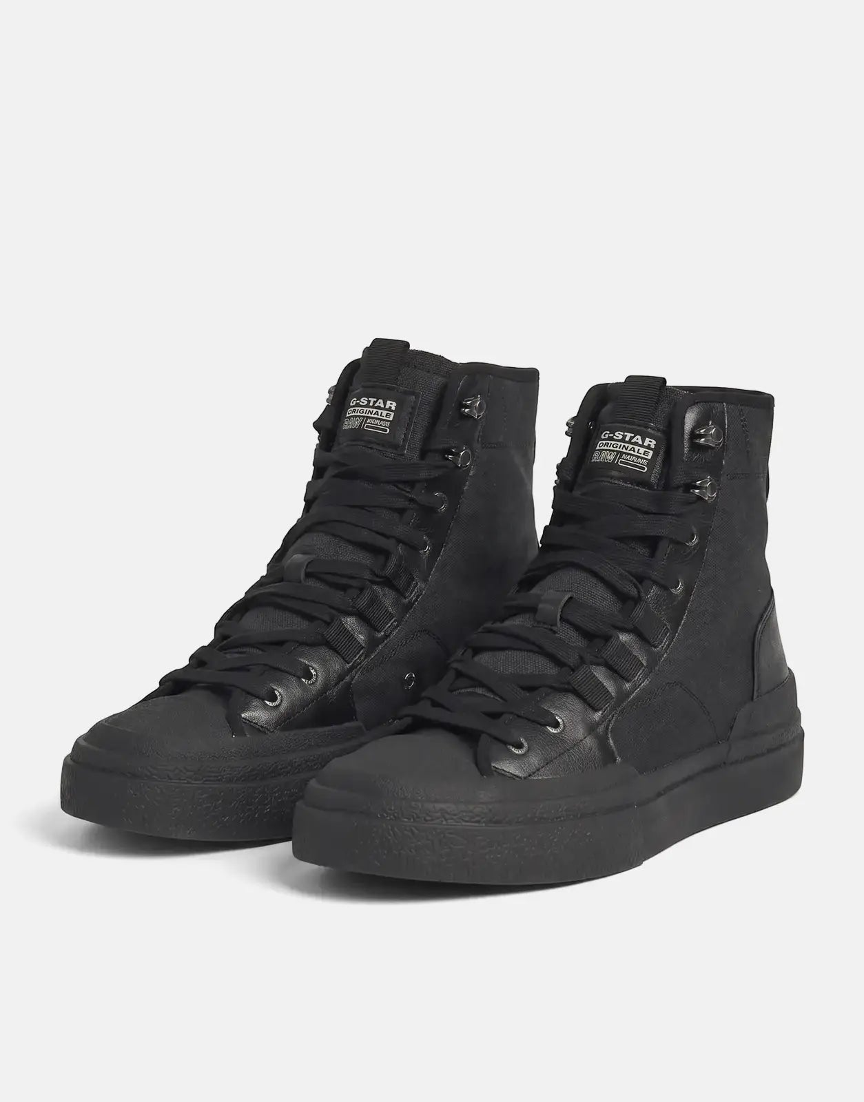 Black G-Star RAW Vodan HGH high-top sneakers, made from canvas with a chunky rubber sole, shown angled on a white background.