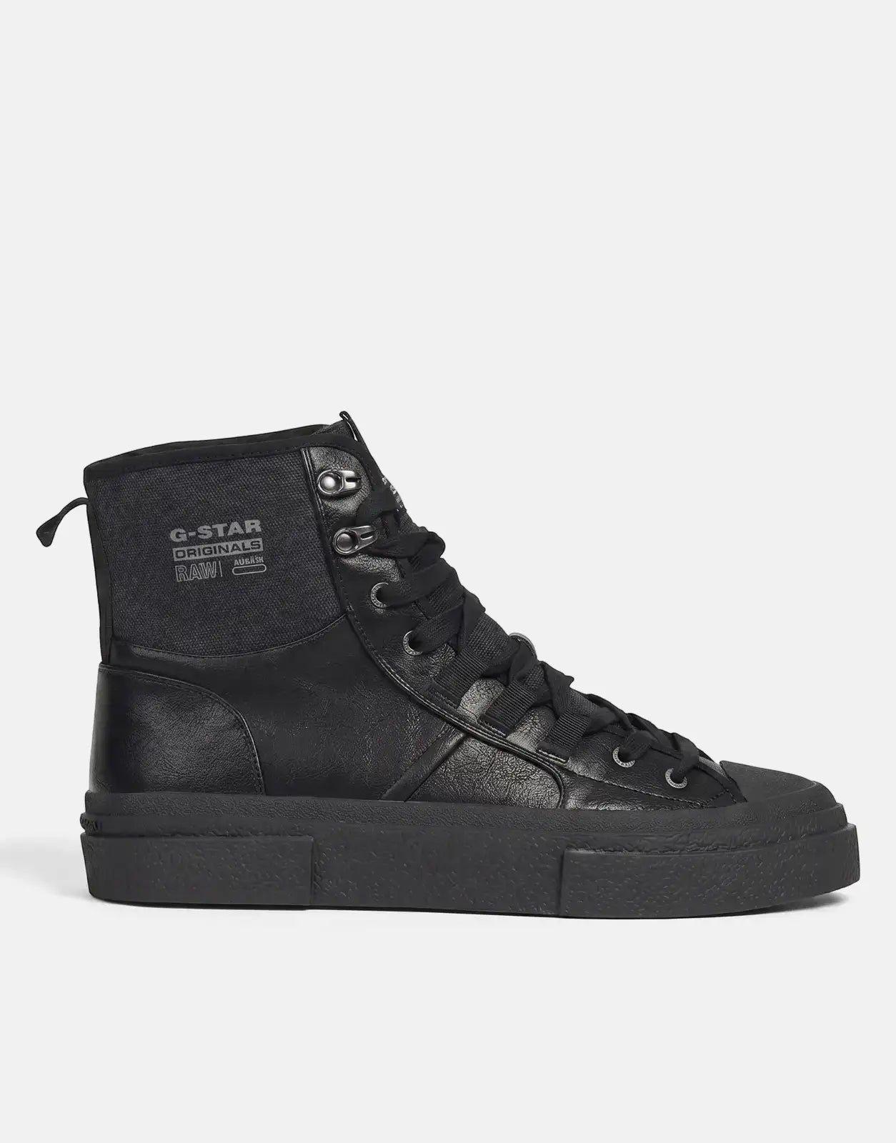 Black G-Star RAW Vodan HGH high-top sneakers, viewed from the side, featuring lace-up design and chunky sole.