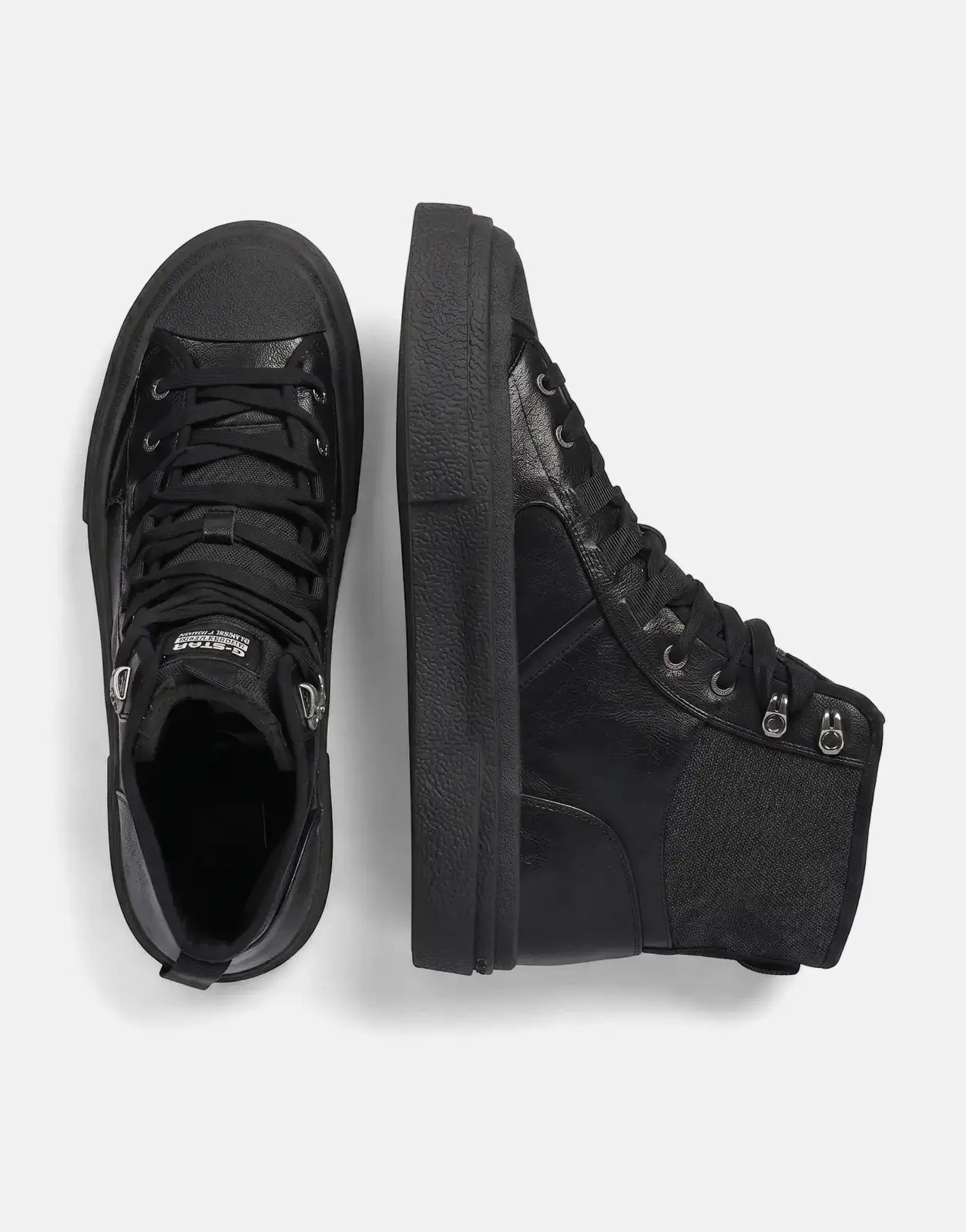 Pair of black G-Star RAW Vodan HGH high-top sneakers, crafted from leather, shown in a flat-lay view.