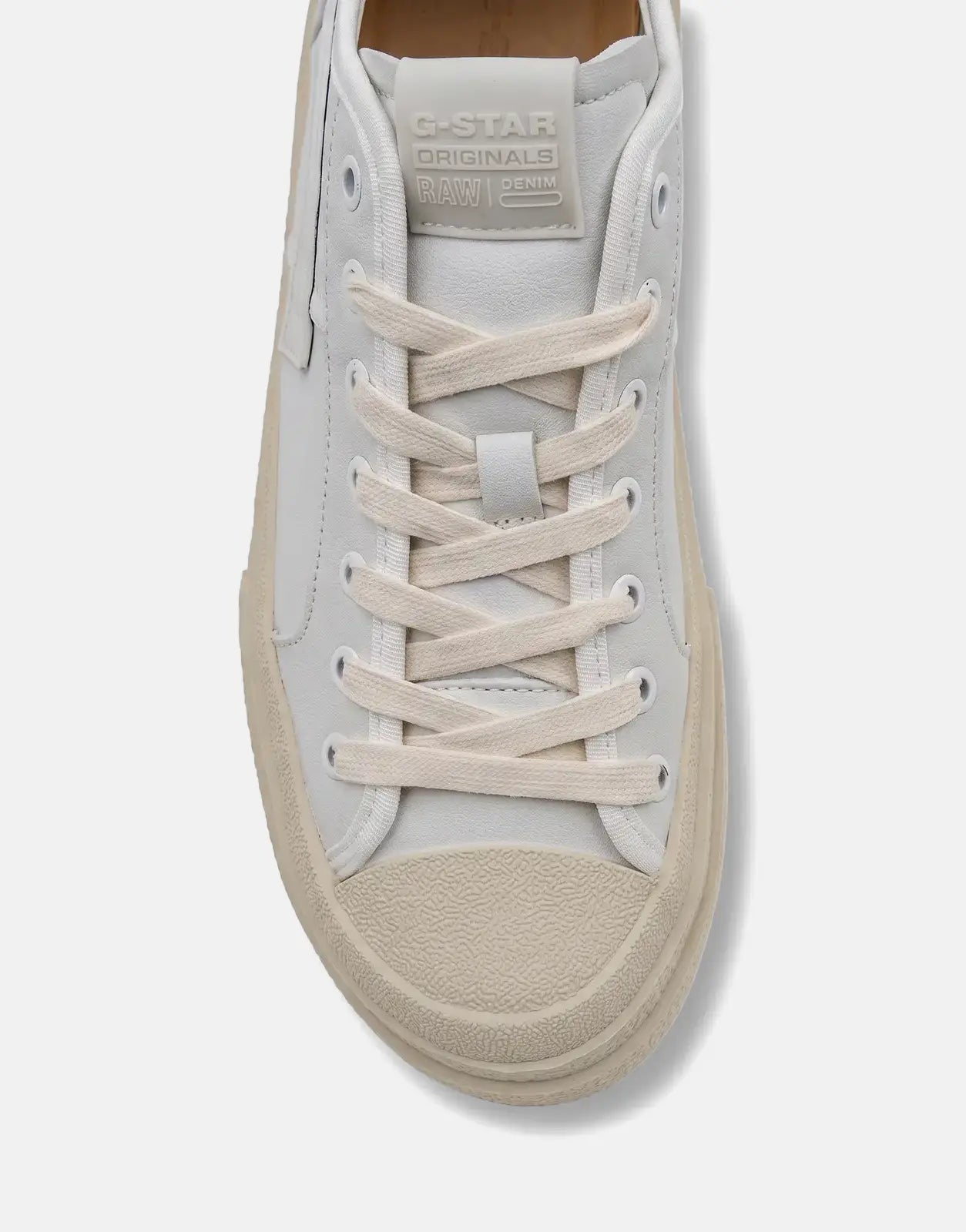 G-Star RAW Vodan Low Lea white leather sneakers, close-up top-down view showing laces and textured toe.