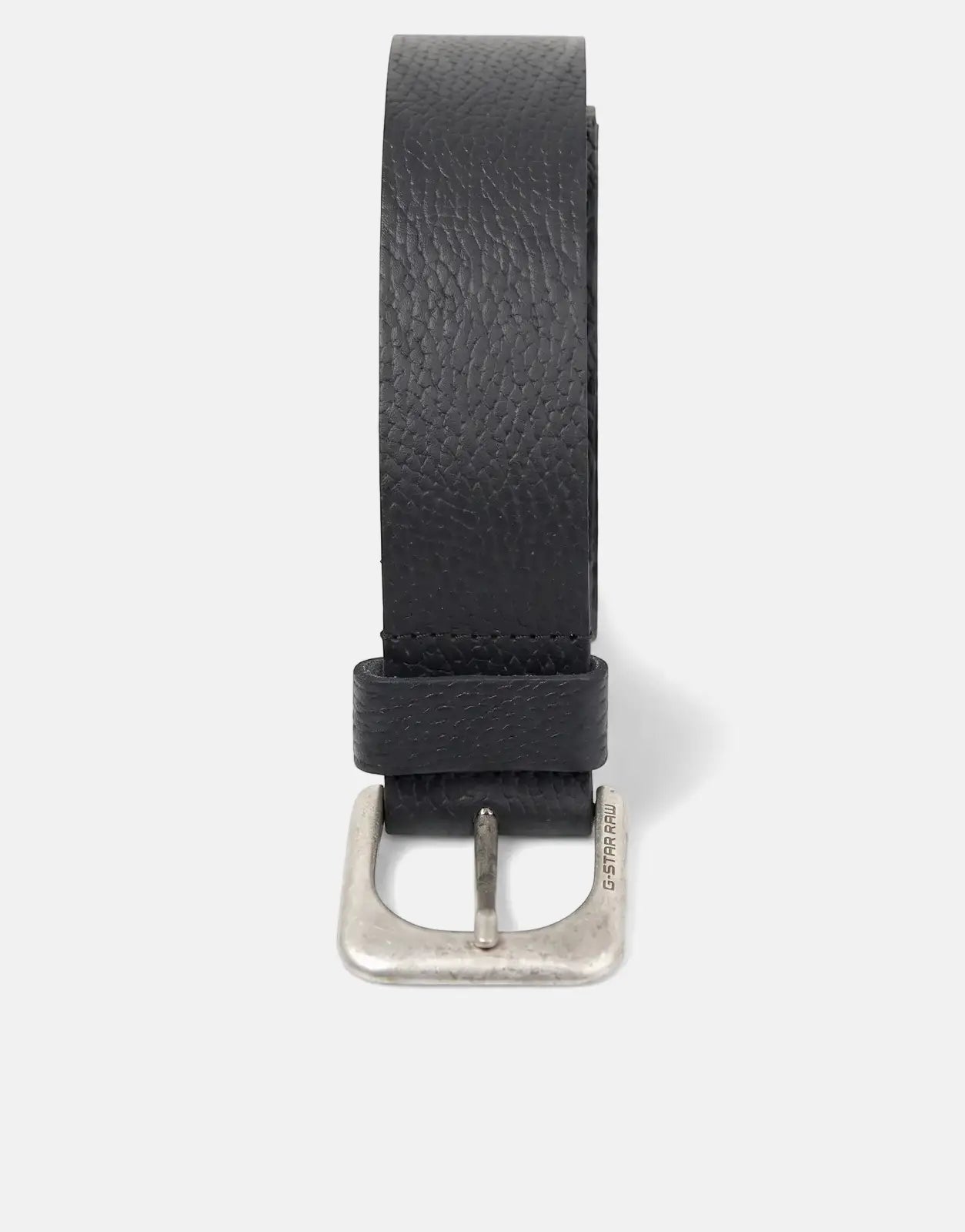 G-Star RAW Zed black textured leather belt with an antic silver square buckle, presented upright on a white studio