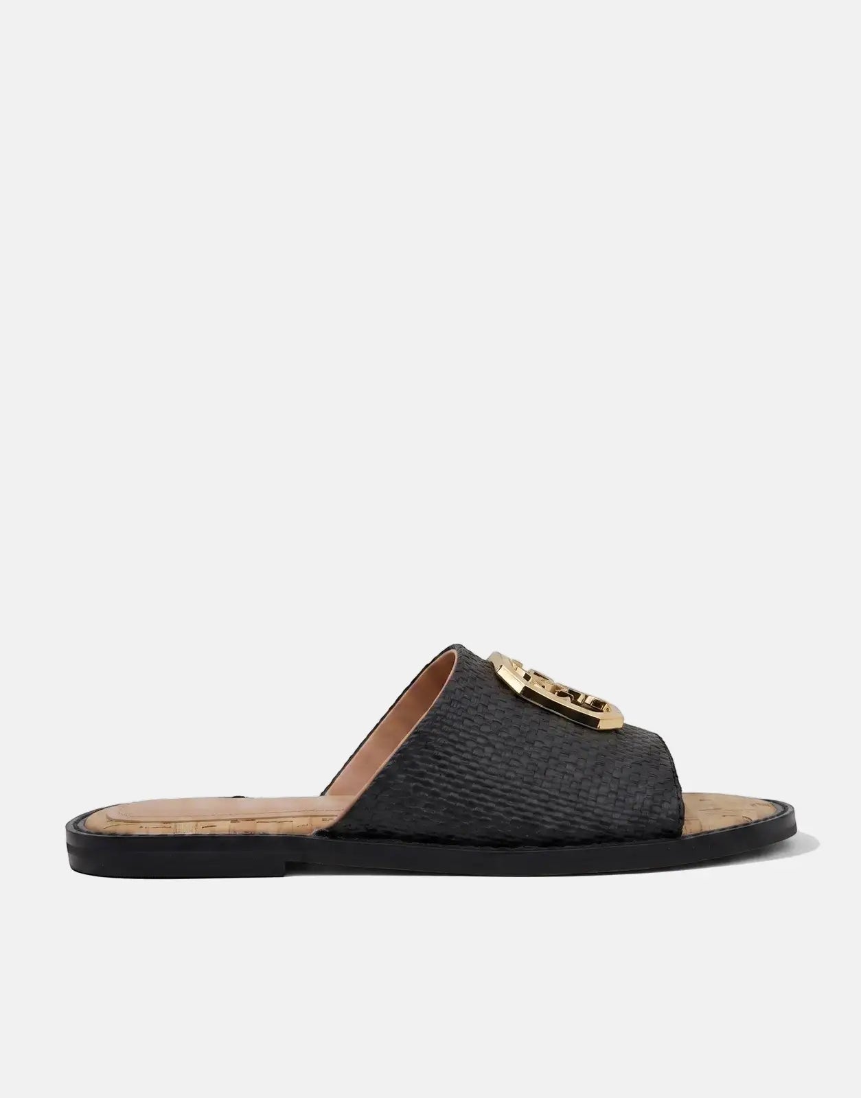 Black Guess Graysie AFW slide sandal with a textured woven strap and prominent gold-tone interlocking G logo, side view.