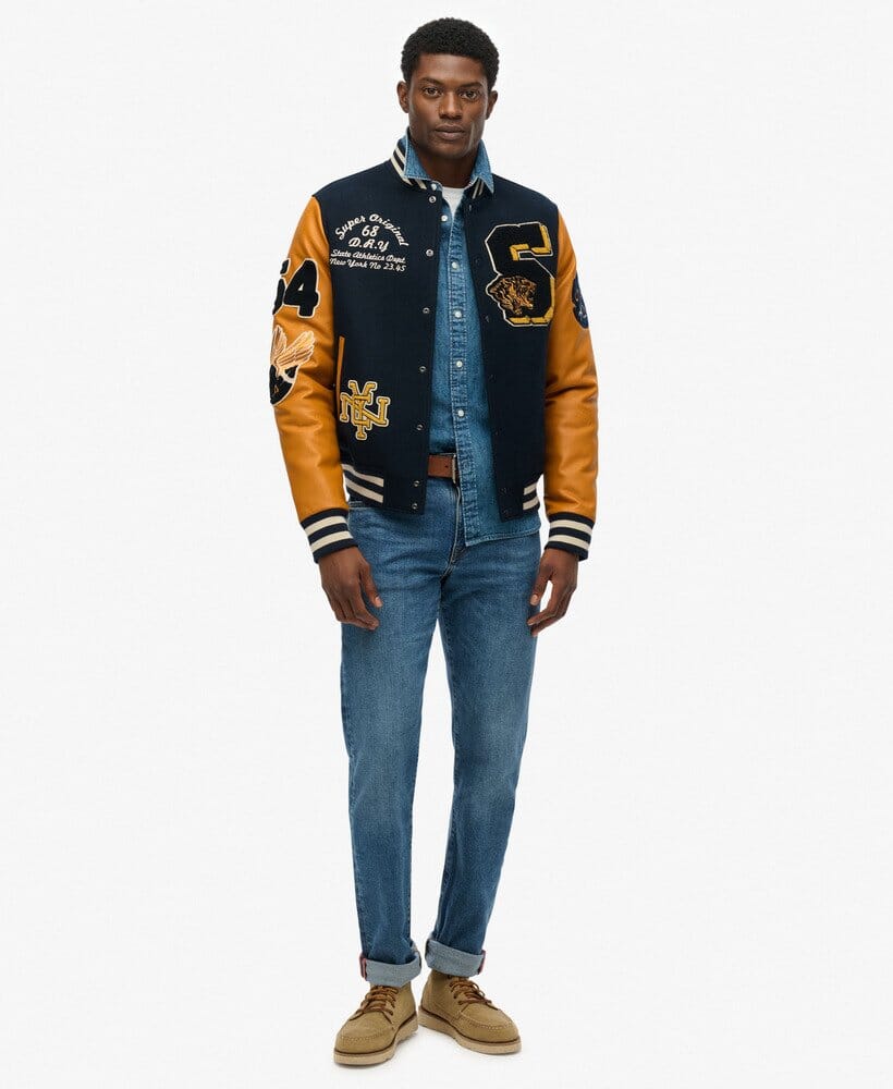 Superdry Vintage Patched Varsity Eclipse Navy/Mustard Bomber Jacket - Subwear