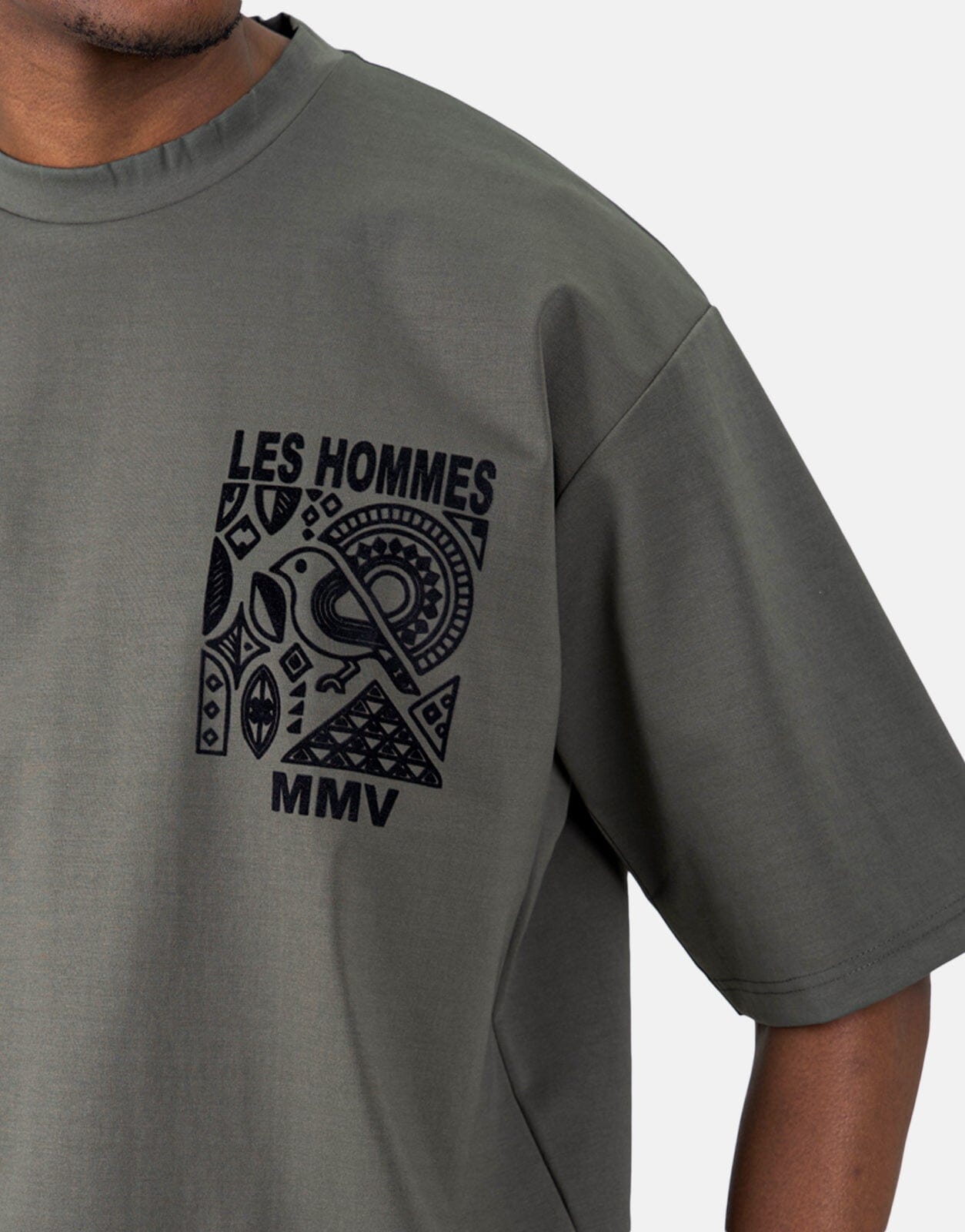 Les Hommes Flock Logo Mil Green T-Shirt - Subwear
