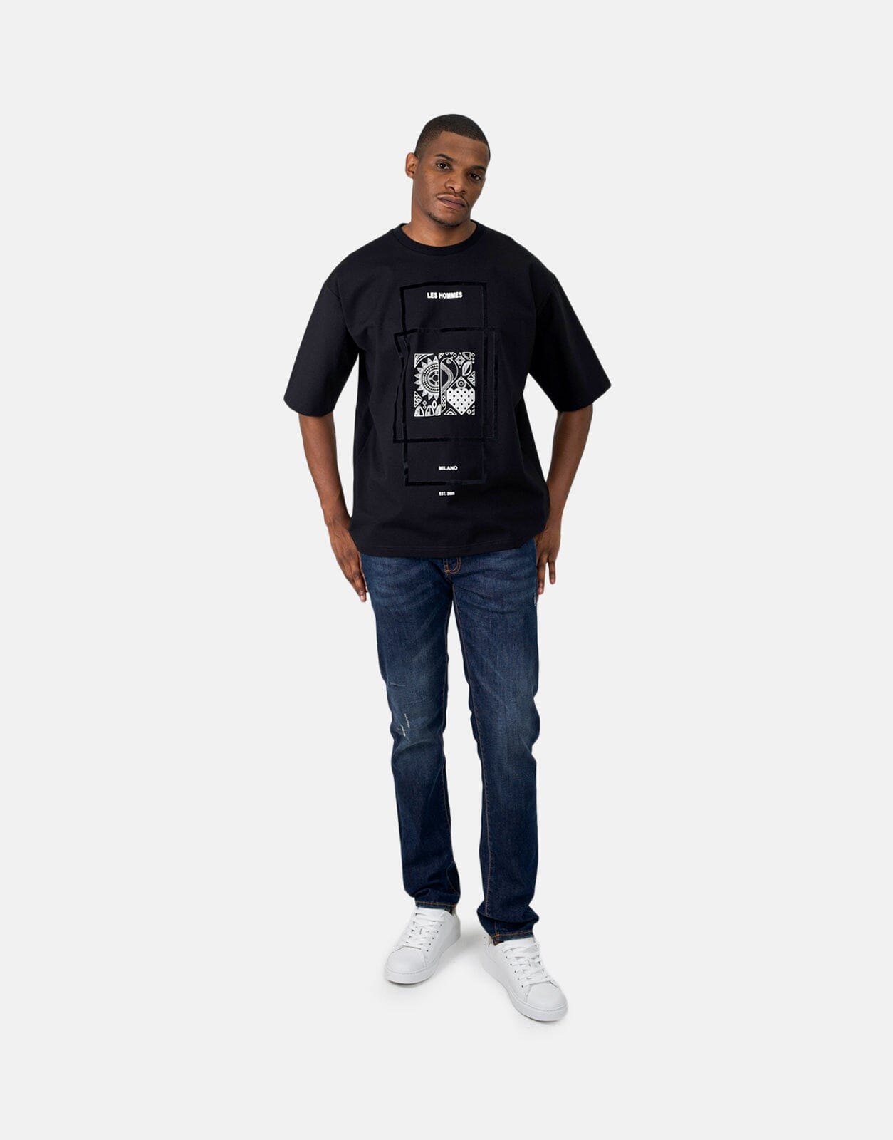 Les Hommes Flock Print Oversized Black T-Shirt - Subwear