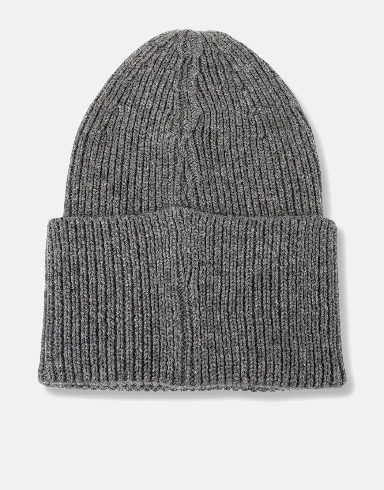 A gray ribbed knit beanie from Les Hommes, presented in a flat-lay view on a clean white surface, showcasing its folded brim