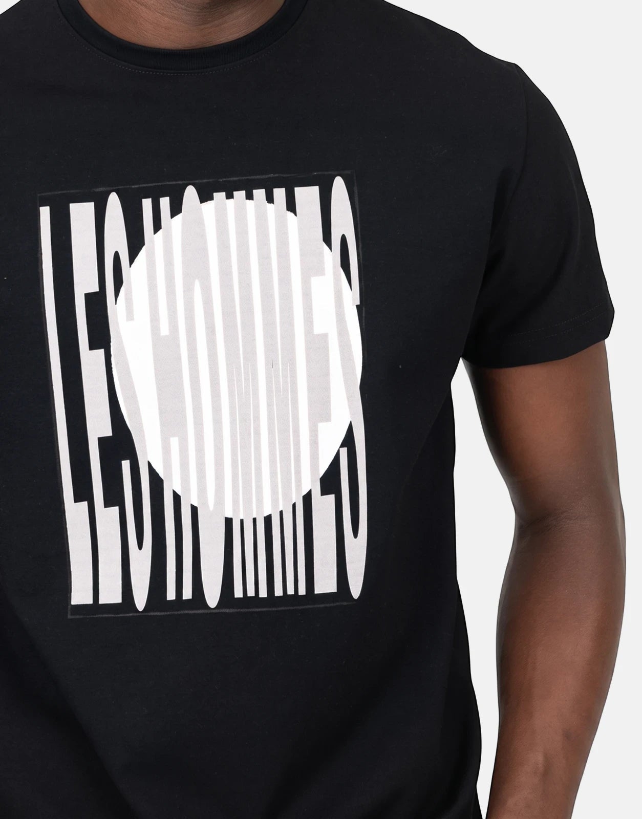 Les Hommes Logo Print Black T-Shirt with bold white graphic on front, short sleeves, crew neck.