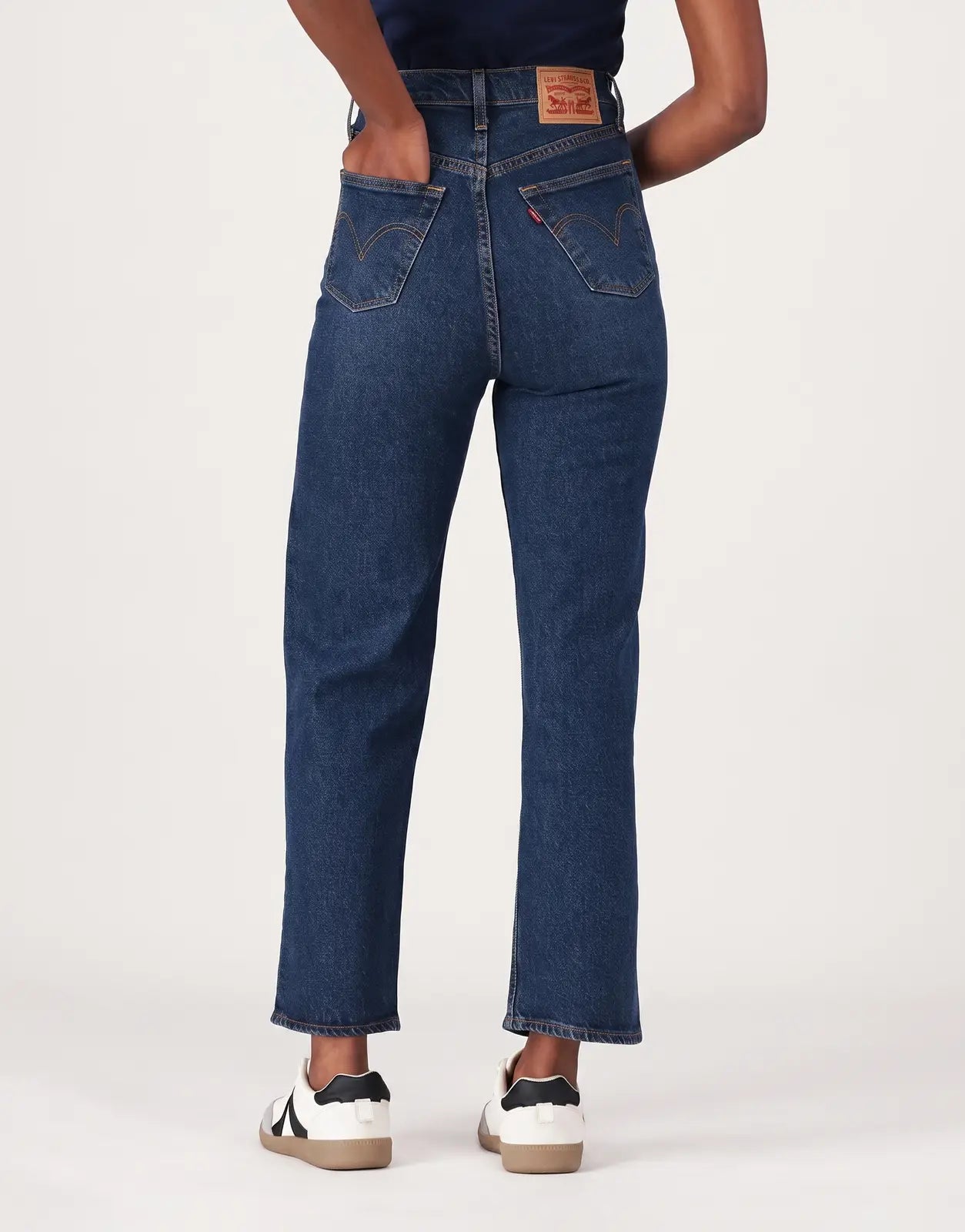 Levi's 501 Women Array Away Jeans in a dark wash, featuring a high-waisted, straight-leg fit, shown from the back on a model.