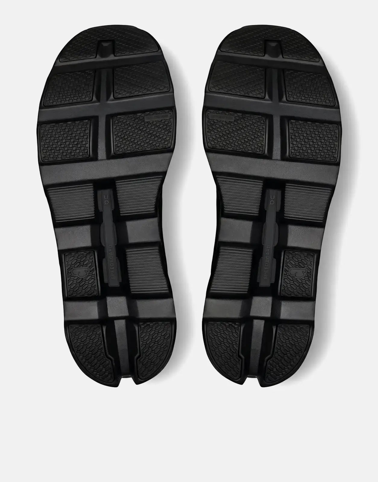 Bottom view of two black On Men's Cloudmonster Void Black sneakers, showcasing their textured soles and branding.