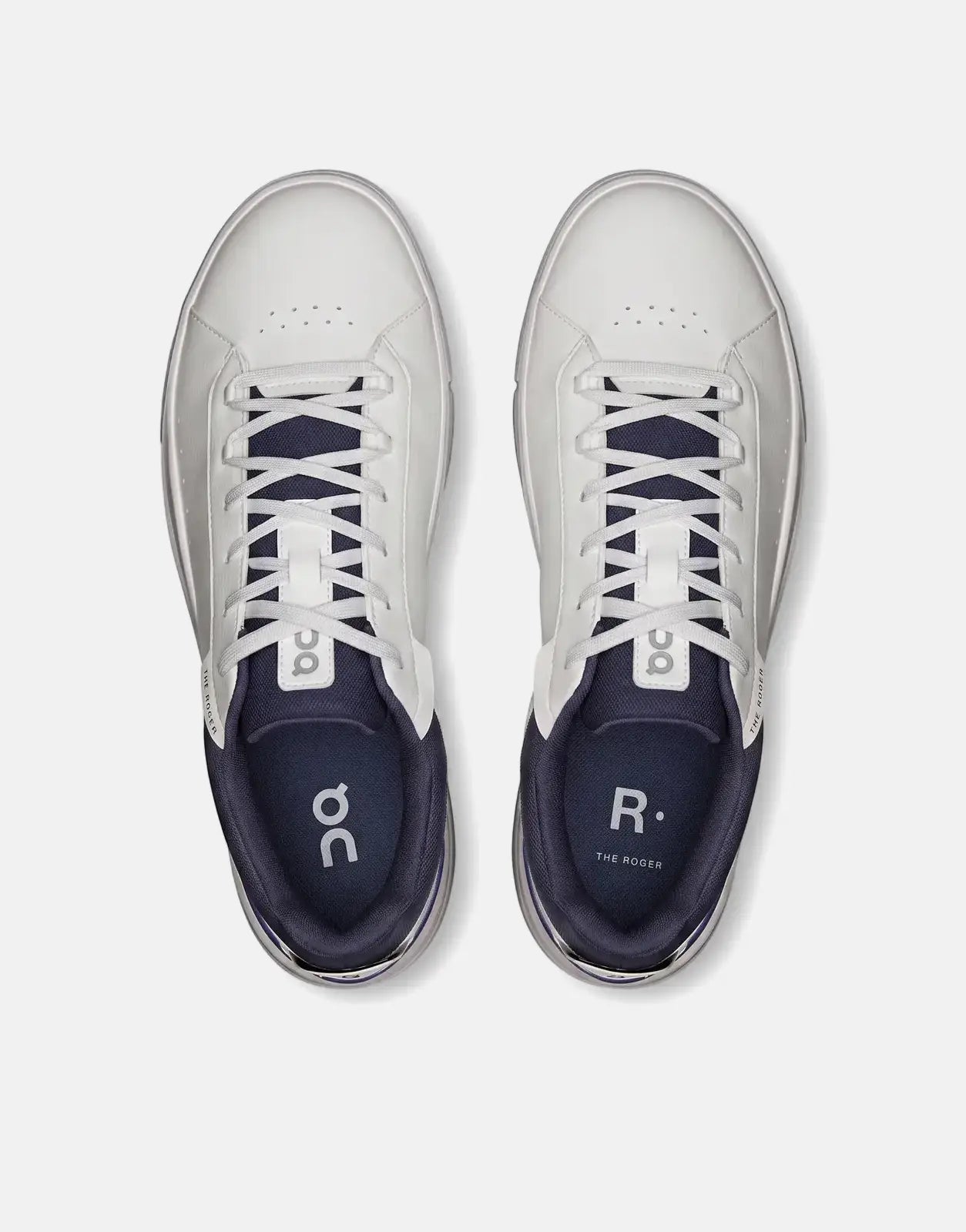 On Men's The Roger Advantage sneakers in white and midnight blue, shown from a top-down view on a white background.