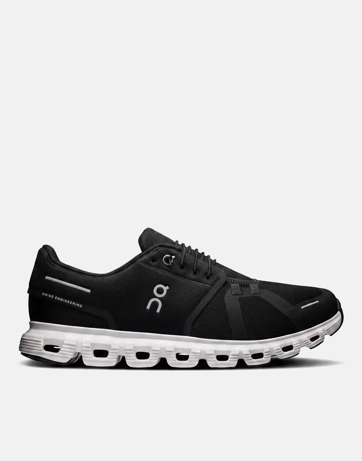 On Women's Cloud 6 running sneakers in black and white, featuring a mesh upper and a distinct cloud-shaped sole, viewed from