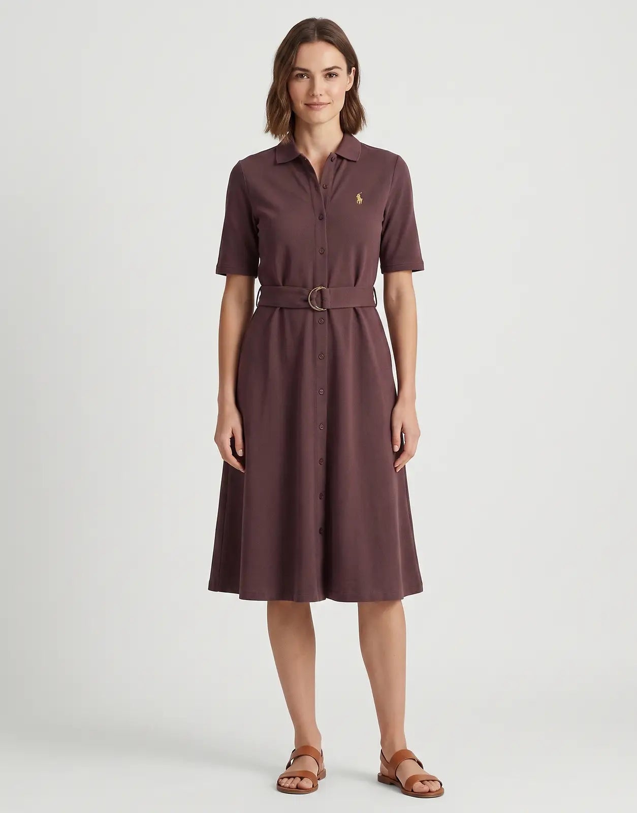 Polo Elizabeth Flare Huckleberry Golfer Dress, front view, displayed flat, featuring short sleeves and a belted waist.