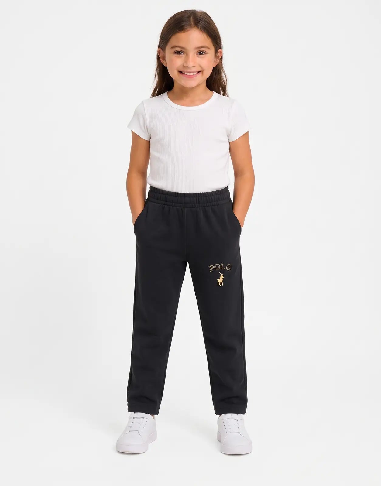 Polo Girls Hannah embroidered black jogger pants featuring the gold Polo Ralph Lauren logo, worn by a child model in a front