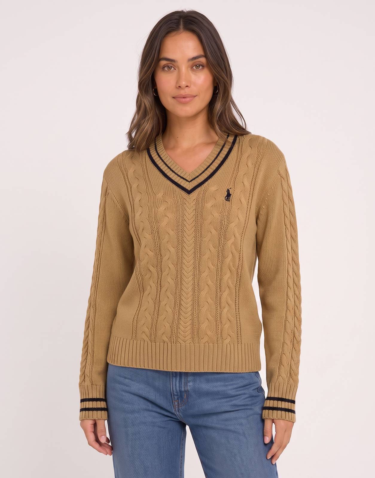 Polo Jane LS V-Neck Camel Cable Knitwear. A long-sleeve camel-colored cable knit sweater with a striped V-neck and cuffs.
