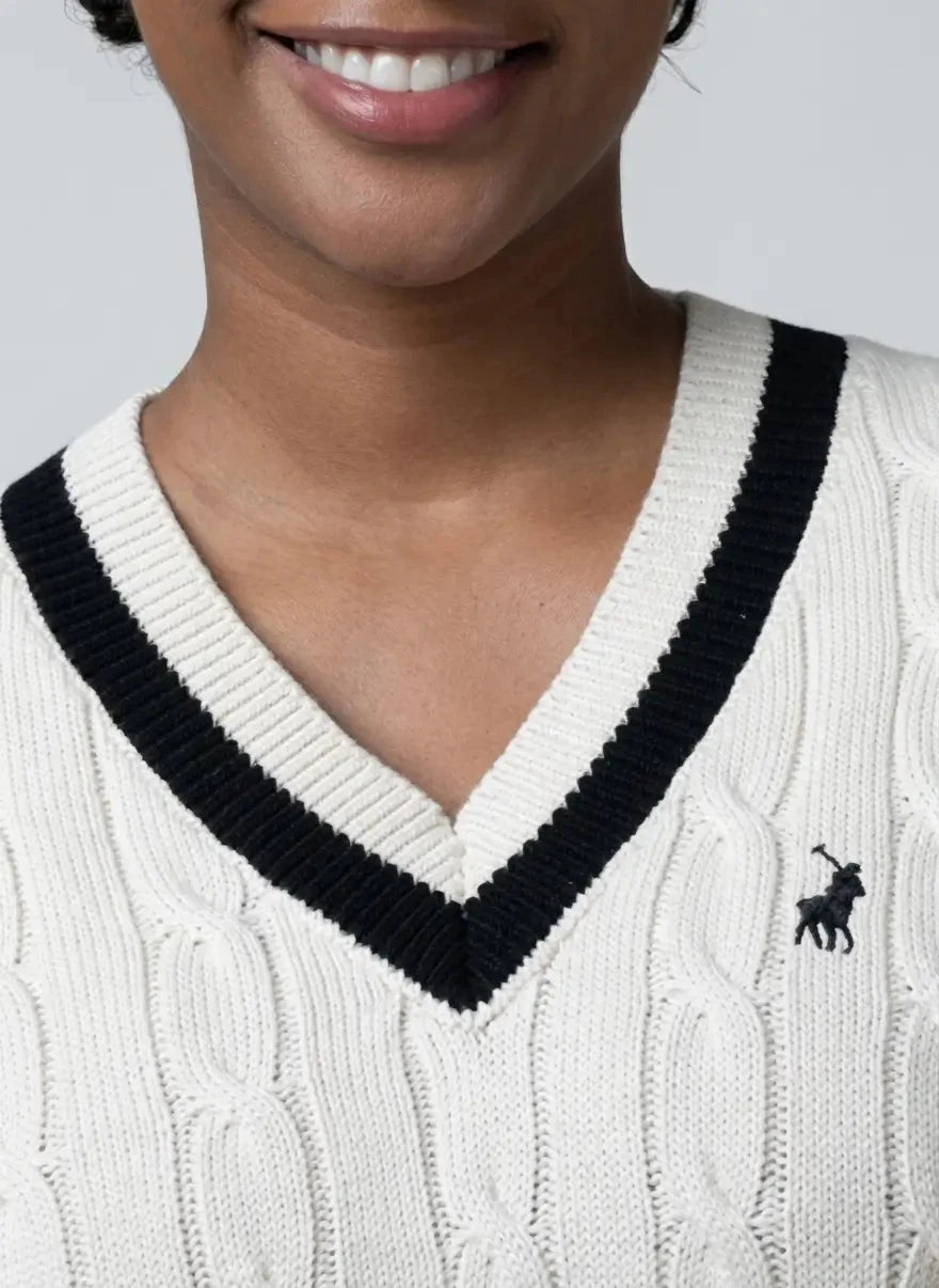 Polo Jane LS V-Neck Off-White Cable Knitwear - Subwear