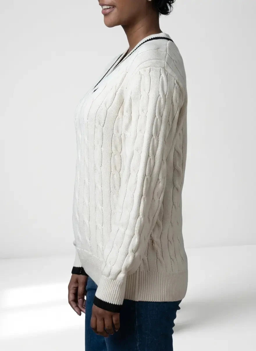 Polo Jane LS V-Neck Off-White Cable Knitwear - Subwear