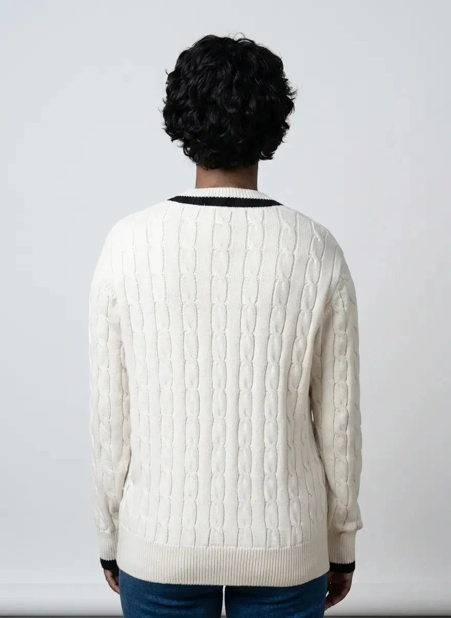 Polo Jane LS V-Neck Off-White Cable Knitwear - Subwear