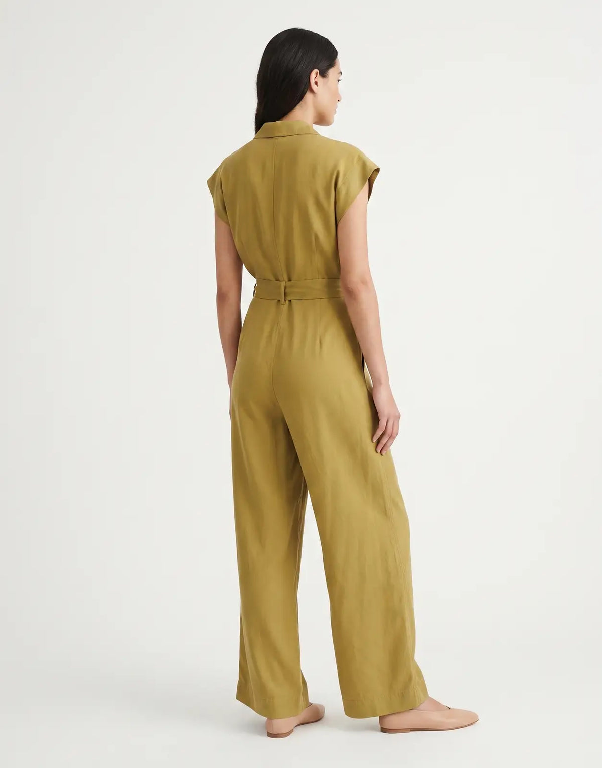 Polo Jenna Tencel Yellow Jumpsuit, featuring a belted waist and wide-leg design, photographed from the back.