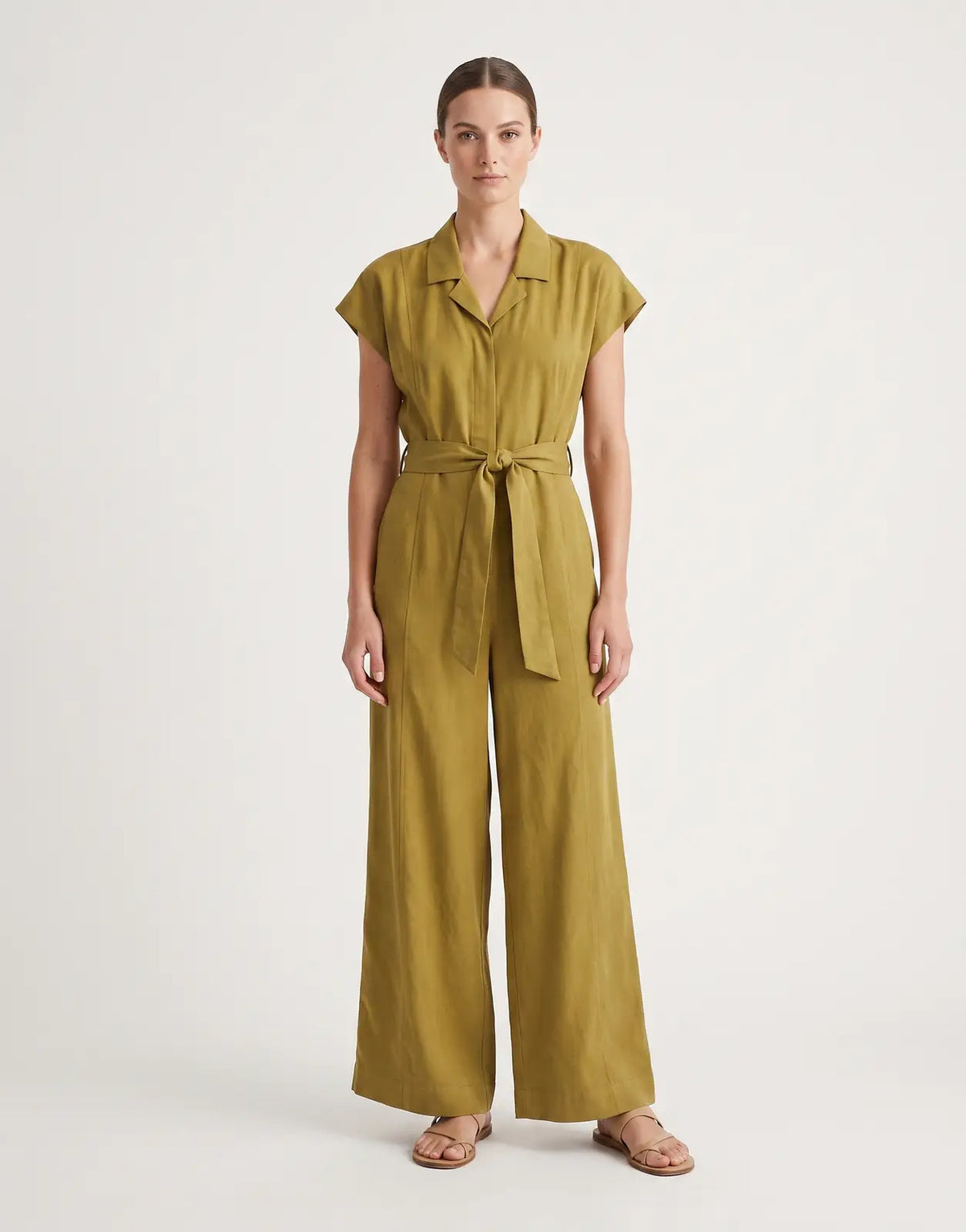 Polo Jenna Tencel Yellow Jumpsuit with short sleeves, a collared neckline, self-tie belted waist, and wide-leg trousers,