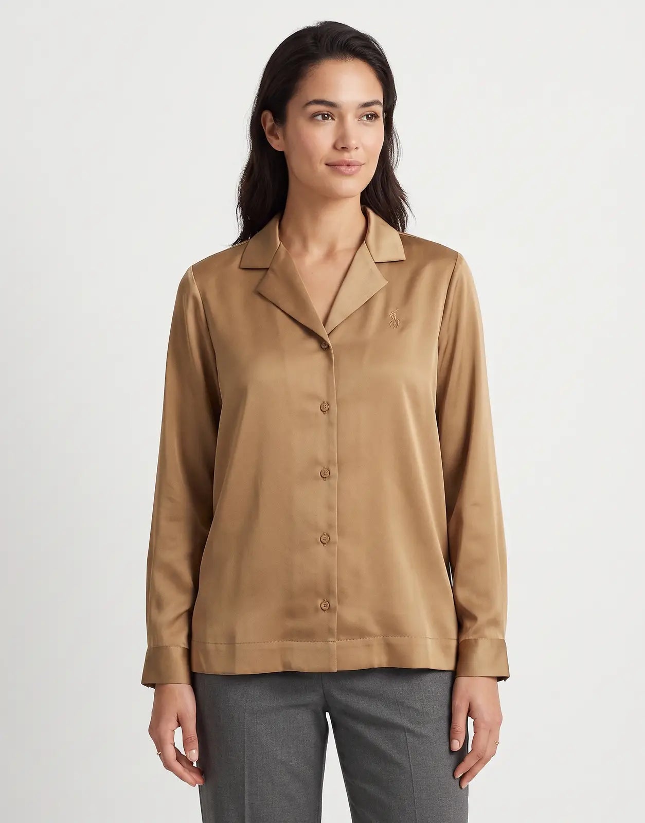 Polo Molly LS Revere Camel Blouse with long sleeves and a collared neckline, made from a smooth, flowing fabric.