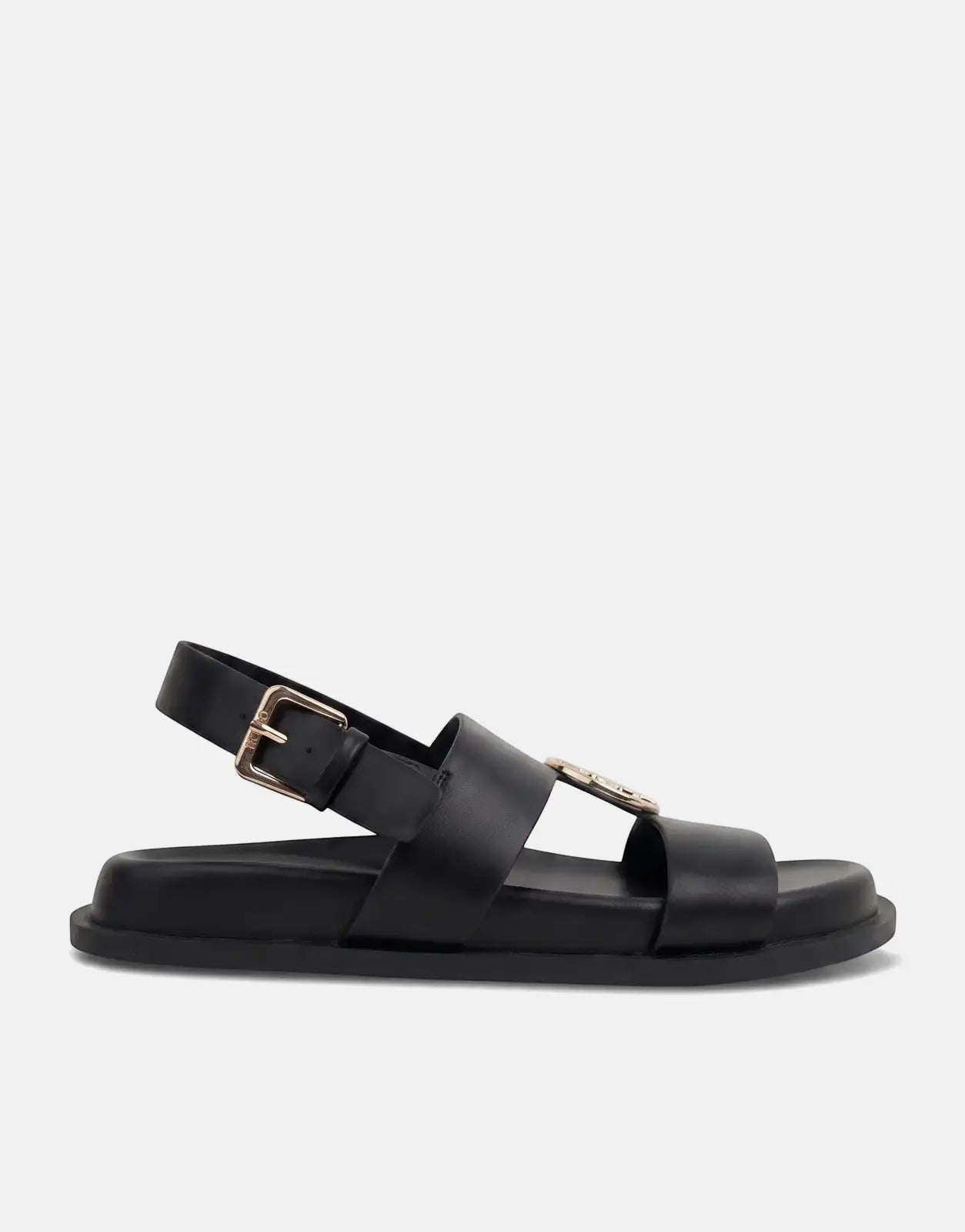 Polo Moulded New Trim Black Sandal with a gold-tone buckle and broad straps, captured from a side profile.