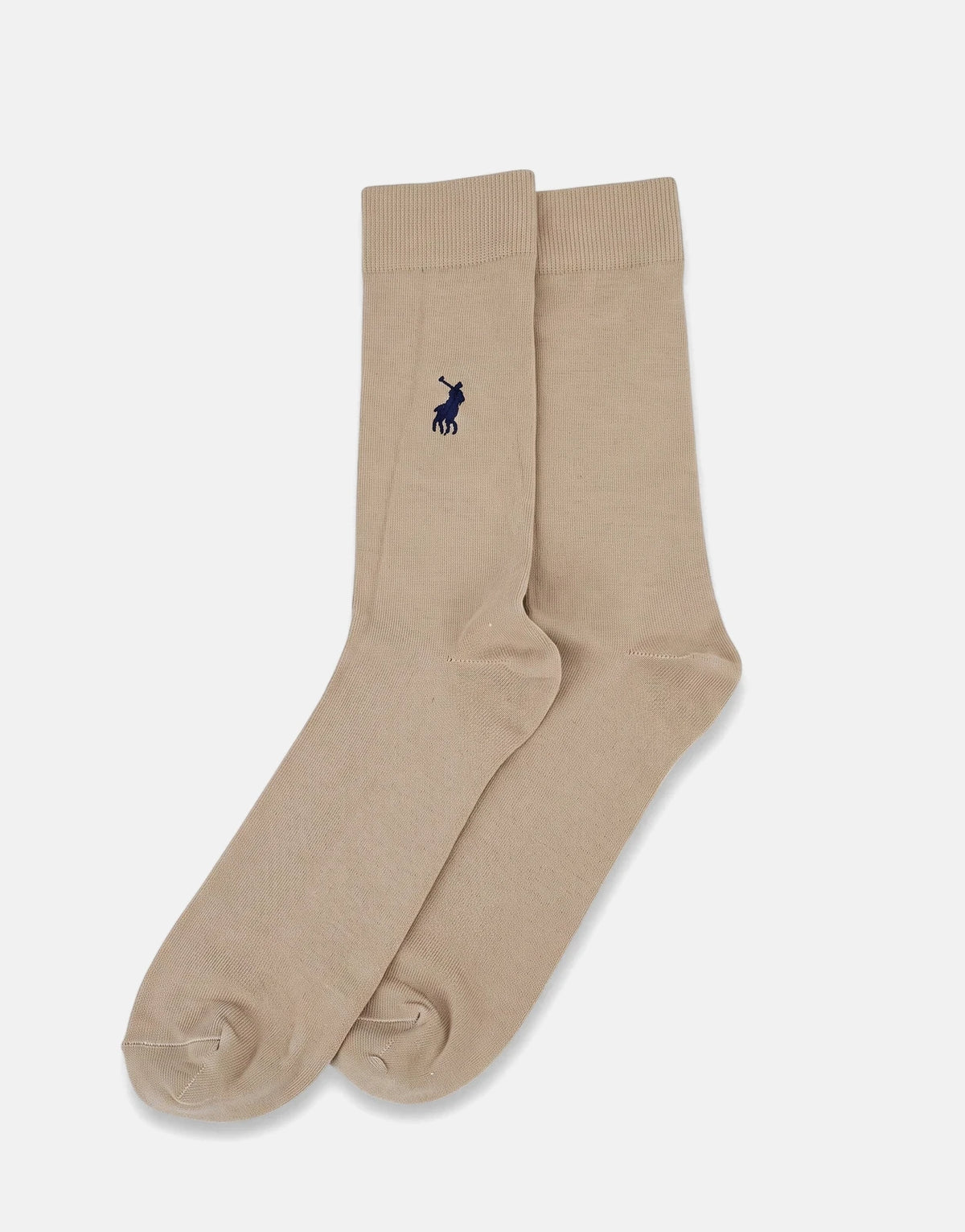 Pair of Polo plain sand/stone/beige ankle socks with a dark blue polo player logo on each cuff, shown laid flat.