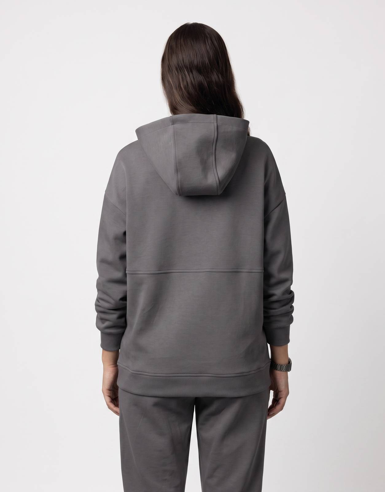 Polo Robyn LS Gunmetal Track Top and matching track pants, shown from the back. Features a long-sleeve hooded design in dark