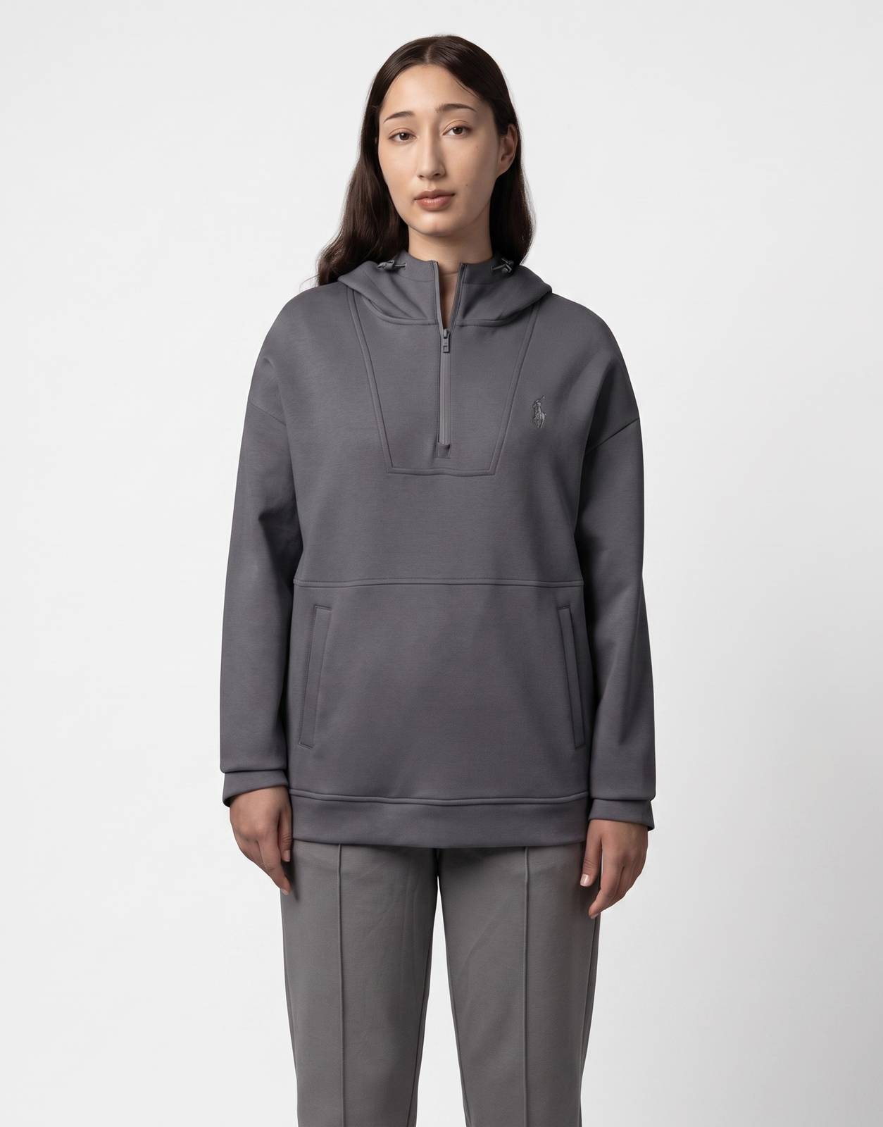 Polo Robyn LS Gunmetal Track Top, a dark grey long-sleeve hooded quarter-zip top with a subtle logo on the chest.