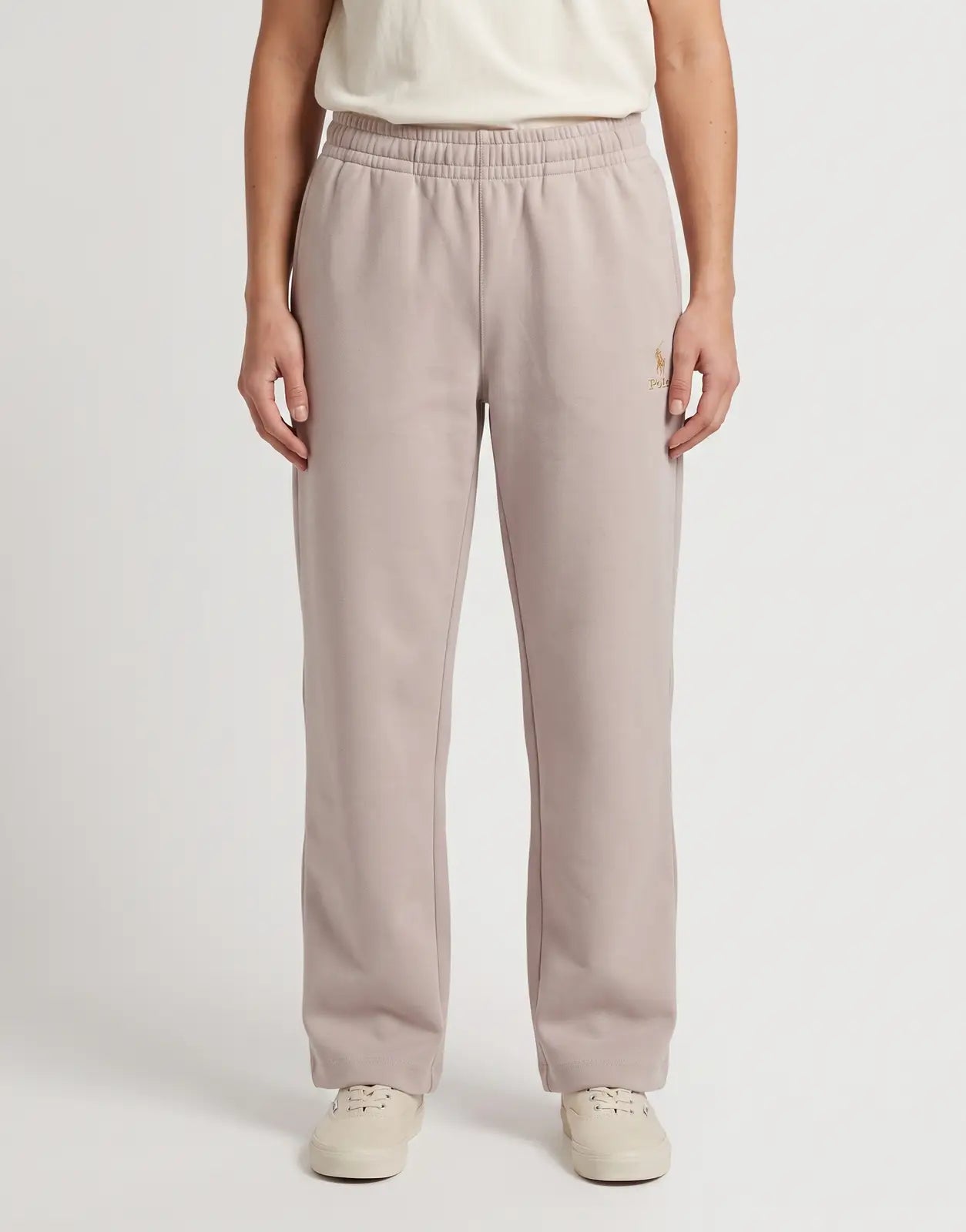 Polo Zoe Soft Mushroom Trackpants, a comfortable pair of light beige activewear bottoms featuring an elastic waistband and a