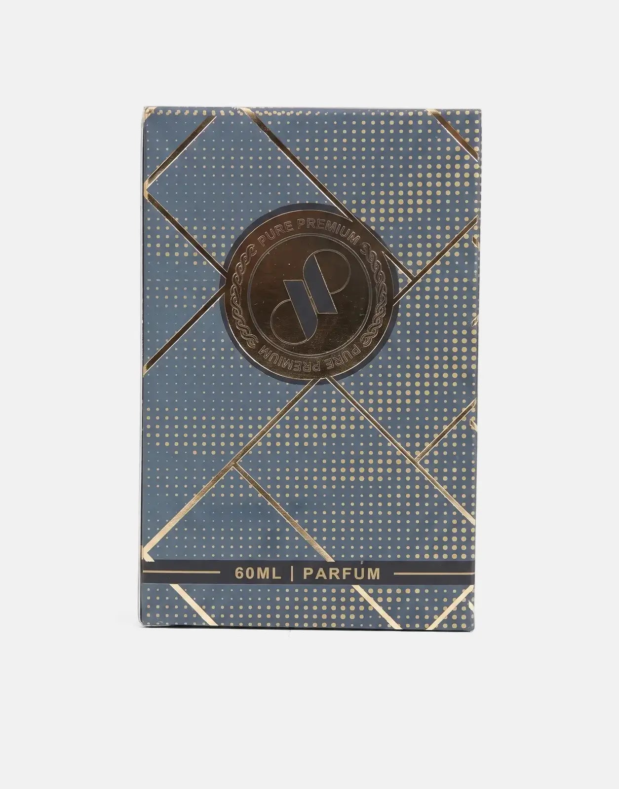 Pure Premium Assassin Perfume box in dark blue/grey with gold geometric pattern, featuring a central 'SP' logo, 60ml.